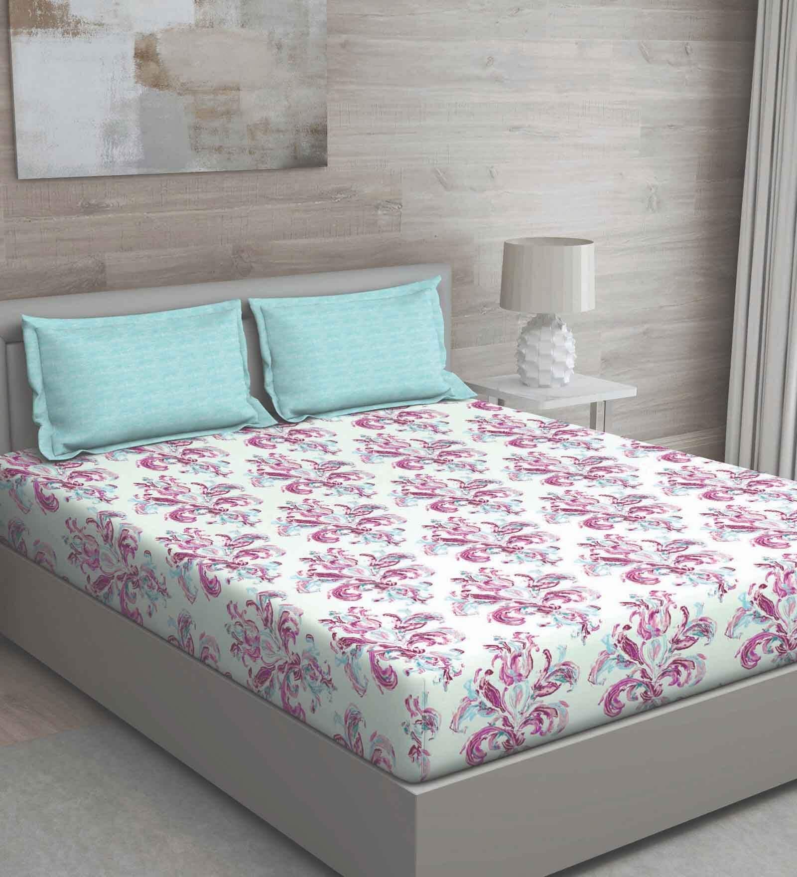 Pink Floral 150 TC Cotton Queen Sized Bed Sheets with 2 Pillow Covers