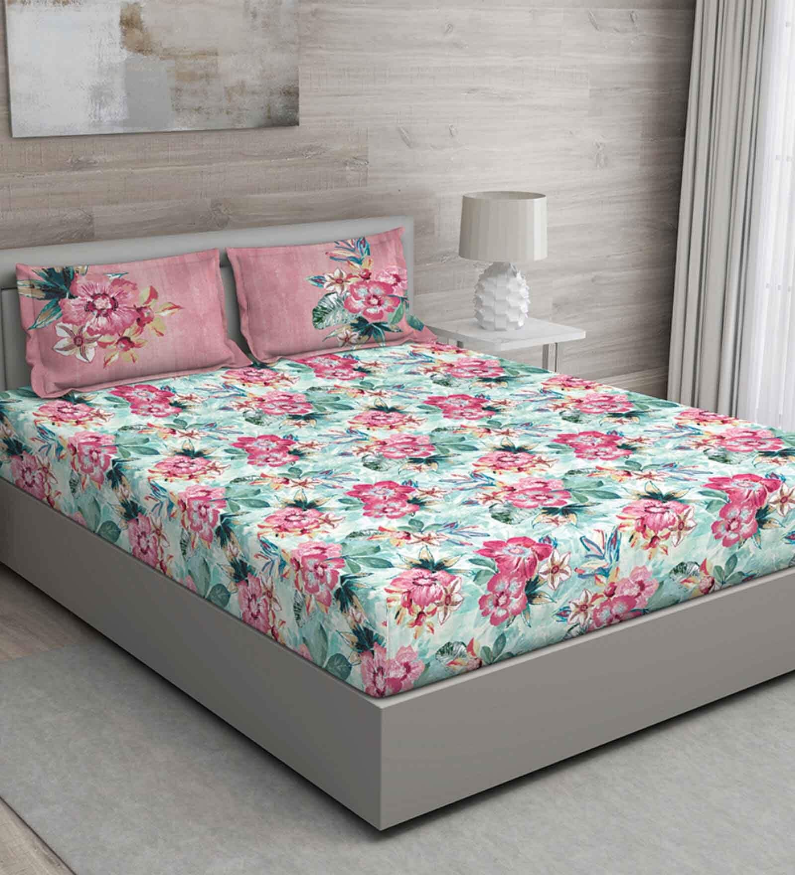 Pink Floral 150 TC Cotton Queen Sized Bed Sheets with 2 Pillow Covers