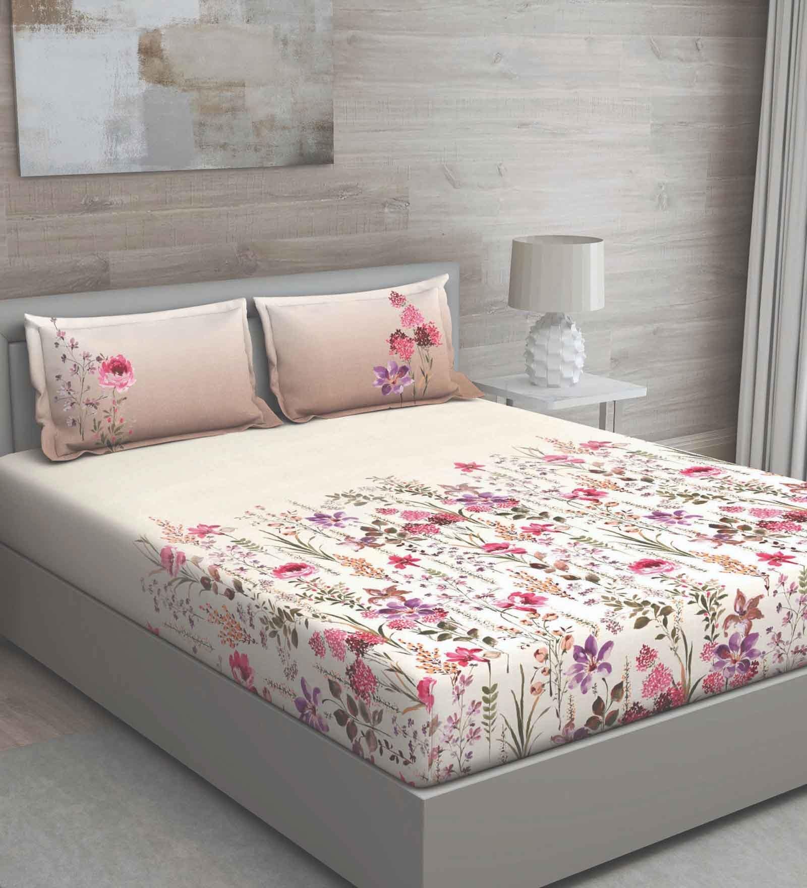 Pink Floral 150 TC Cotton Queen Sized Bed Sheets with 2 Pillow Covers