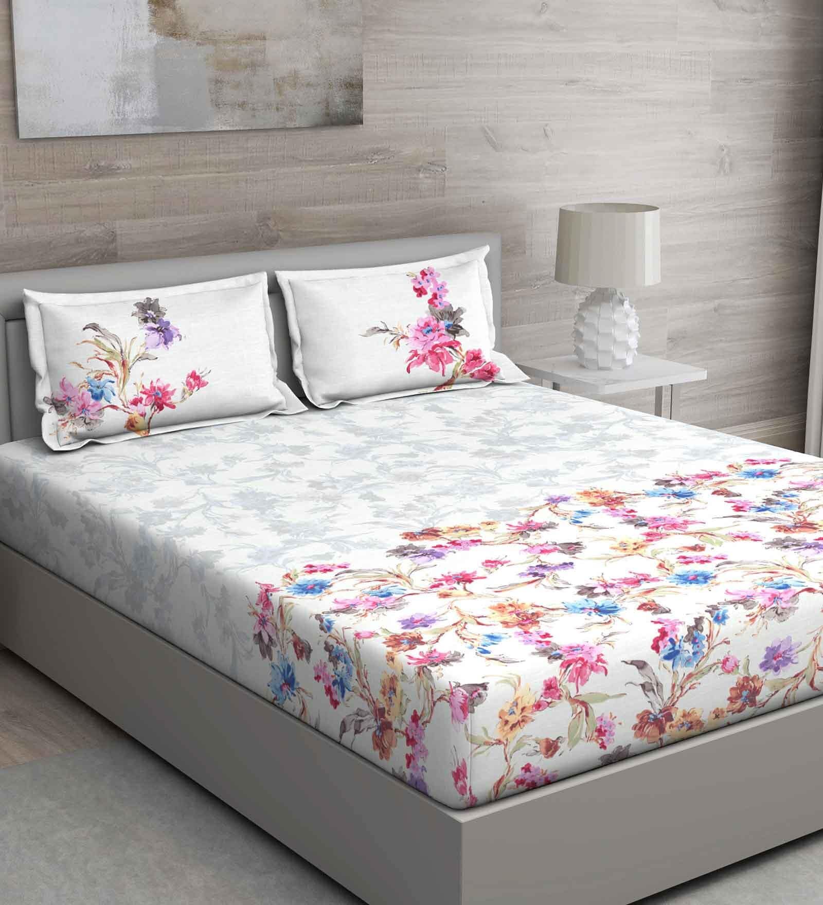 Pink Floral 150 TC Cotton Queen Sized Bed Sheets with 2 Pillow Covers