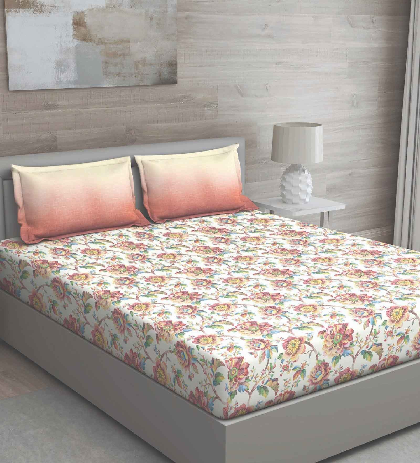 Pink Floral 150 TC Cotton Queen Sized Bed Sheets with 2 Pillow Covers