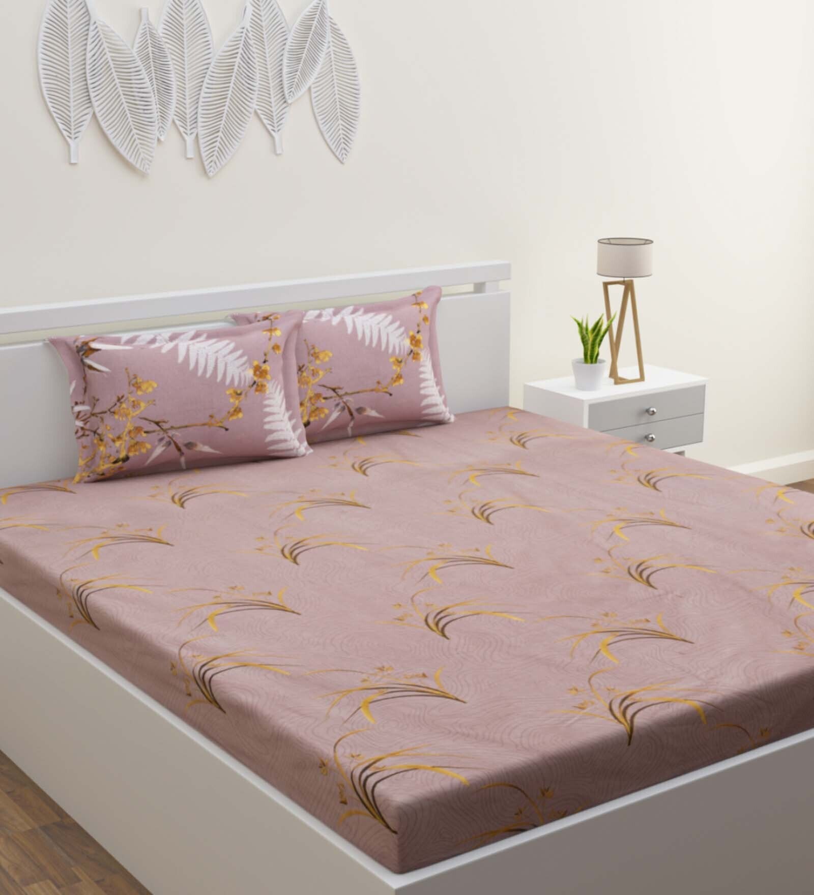 Buy Mauve Floral 160 TC Cotton King Sized Bed Sheets with 2 Pillow ...