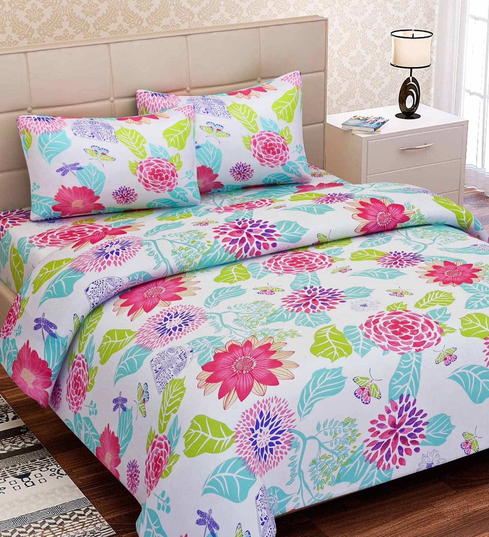 Multicolor Floral 160 TC Cotton 1 Double Bedsheet with 2 Pillow Covers