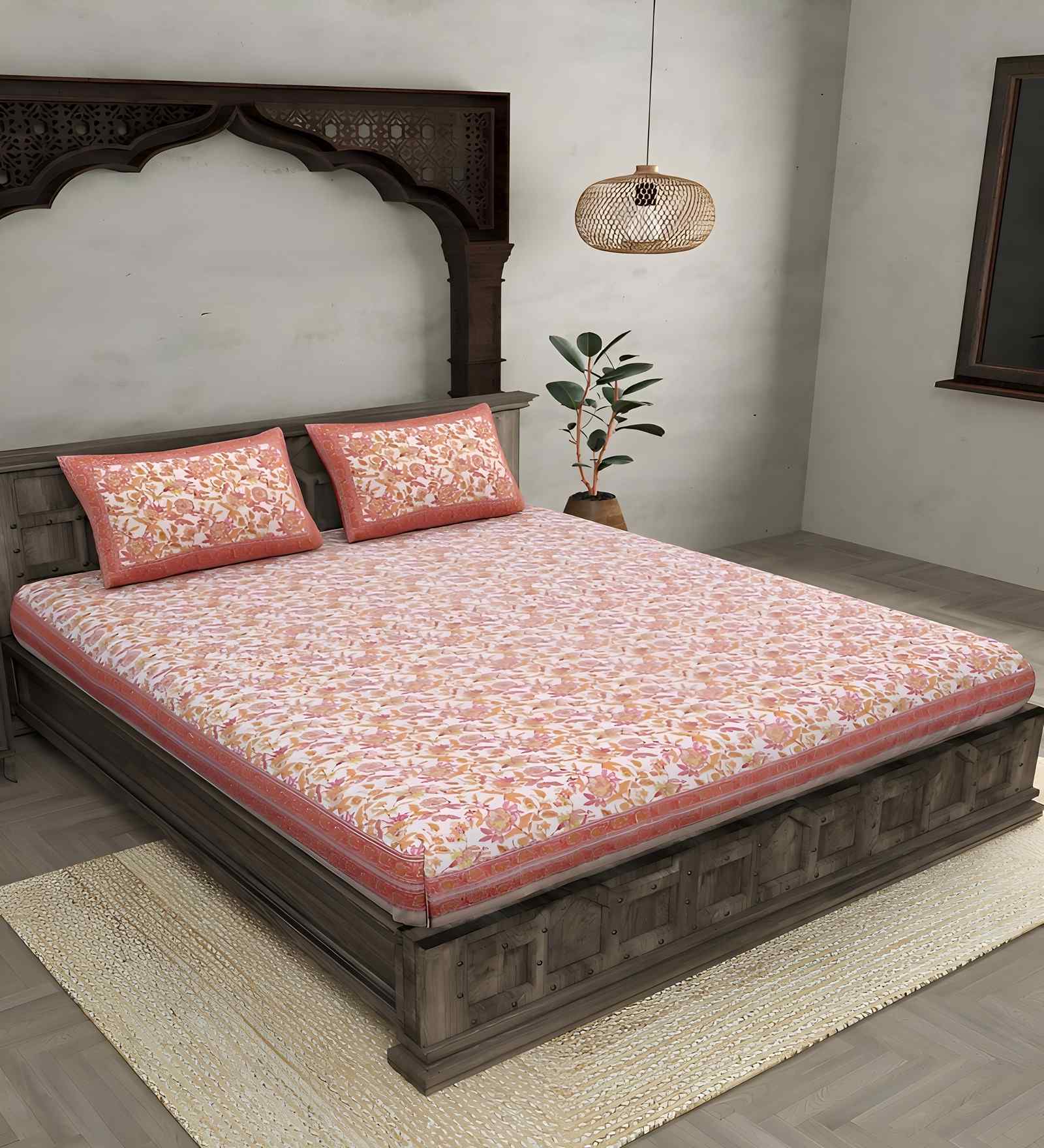 Pink Floral 180 TC Cotton  King Sized Bedsheet with 2 Pillow Covers