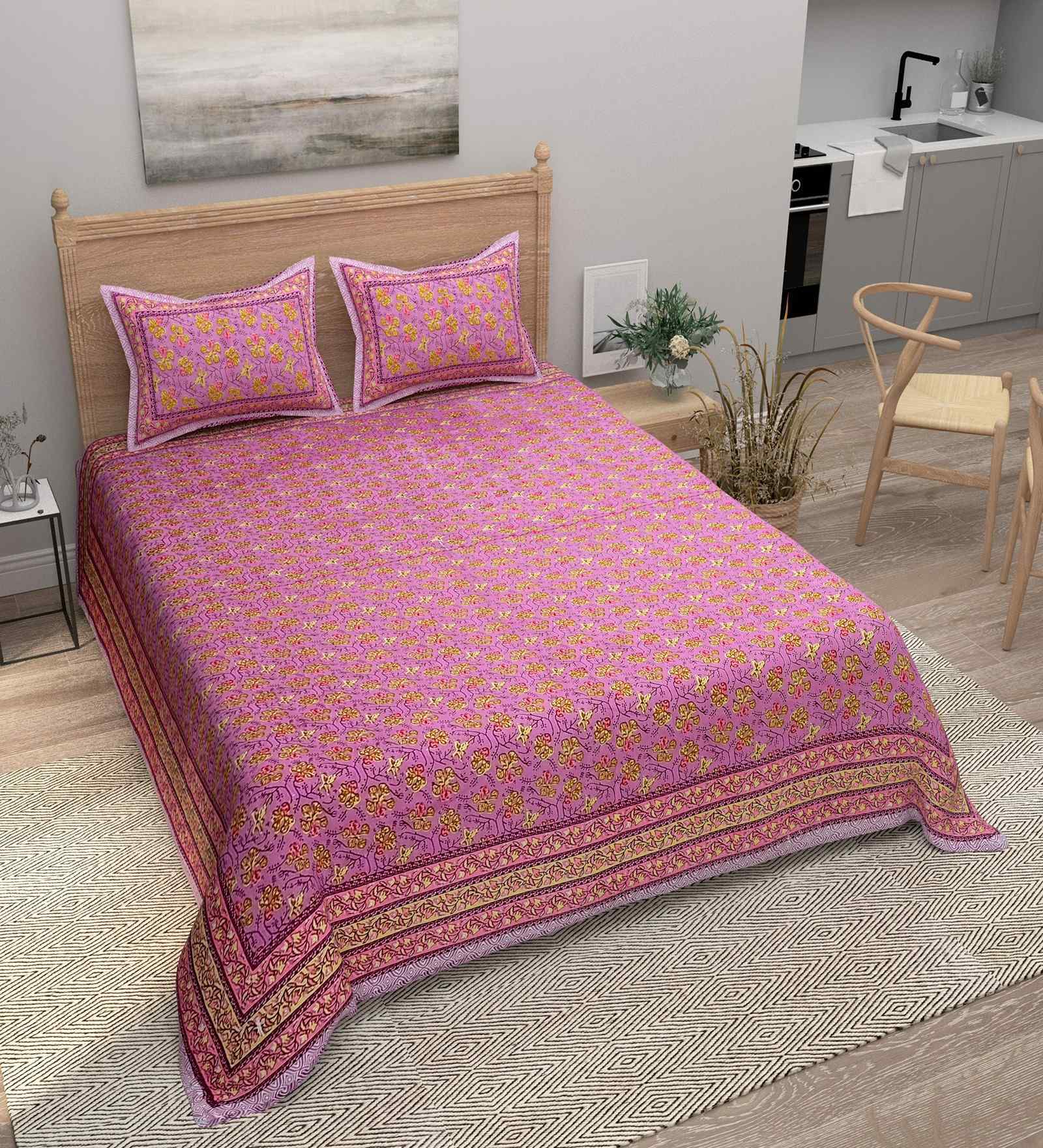 Pink Floral 180 TC Cotton  King Sized Bedsheet with 2 Pillow Covers
