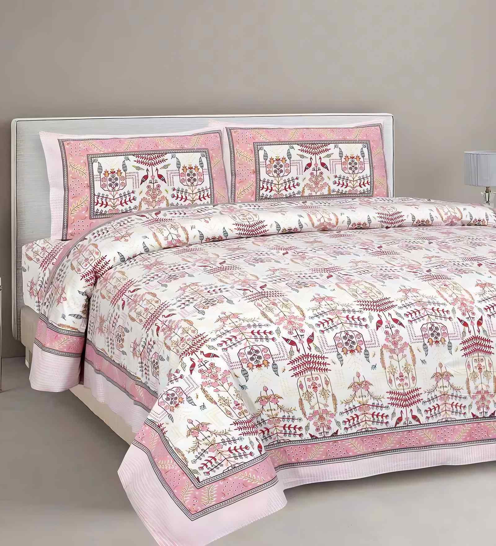 Pink Floral 180 TC Cotton  King Sized Bedsheet with 2 Pillow Covers
