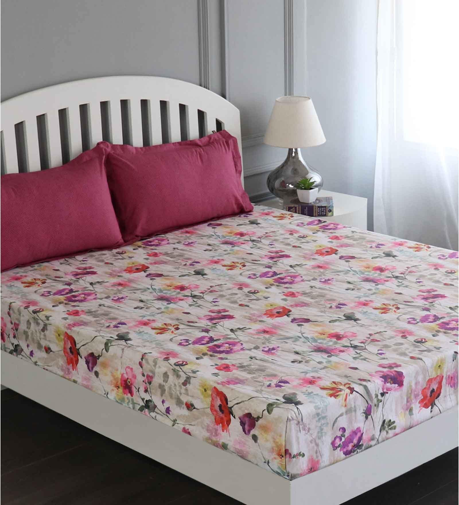 Pink Floral 180 TC Cotton King Sized Bed Sheets with 2 Pillow Covers
