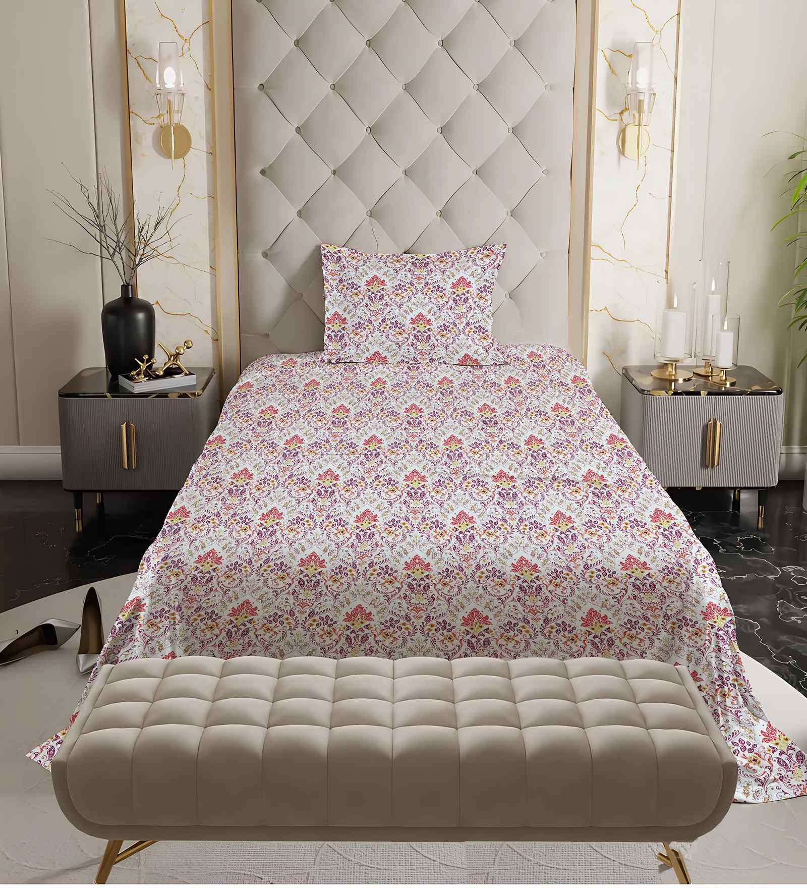 Pink Floral 180 TC Cotton Queen Size Double Bedsheet with 2 Pillow Covers