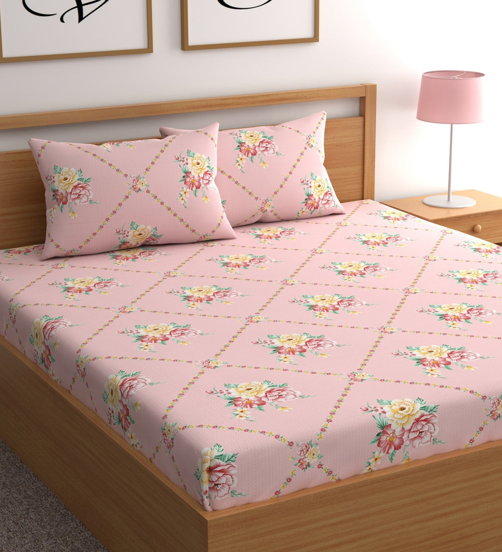 Pink Floral 180 TC Microfiber Double Queen Bedsheet With 2 Pillow Covers