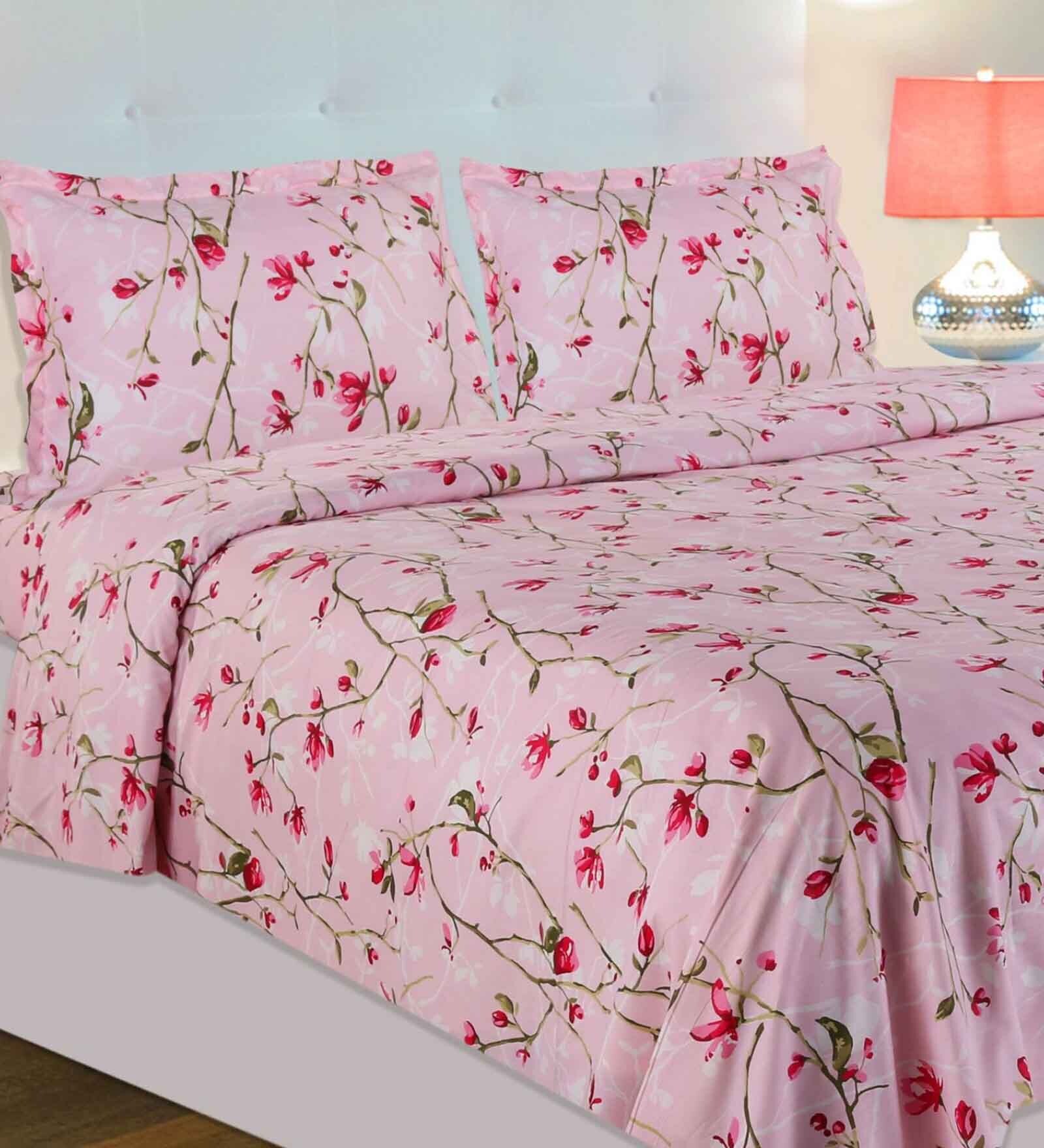 Buy Pink Floral 186 TC 100 cotton Double Bedsheet with 2 Pillow