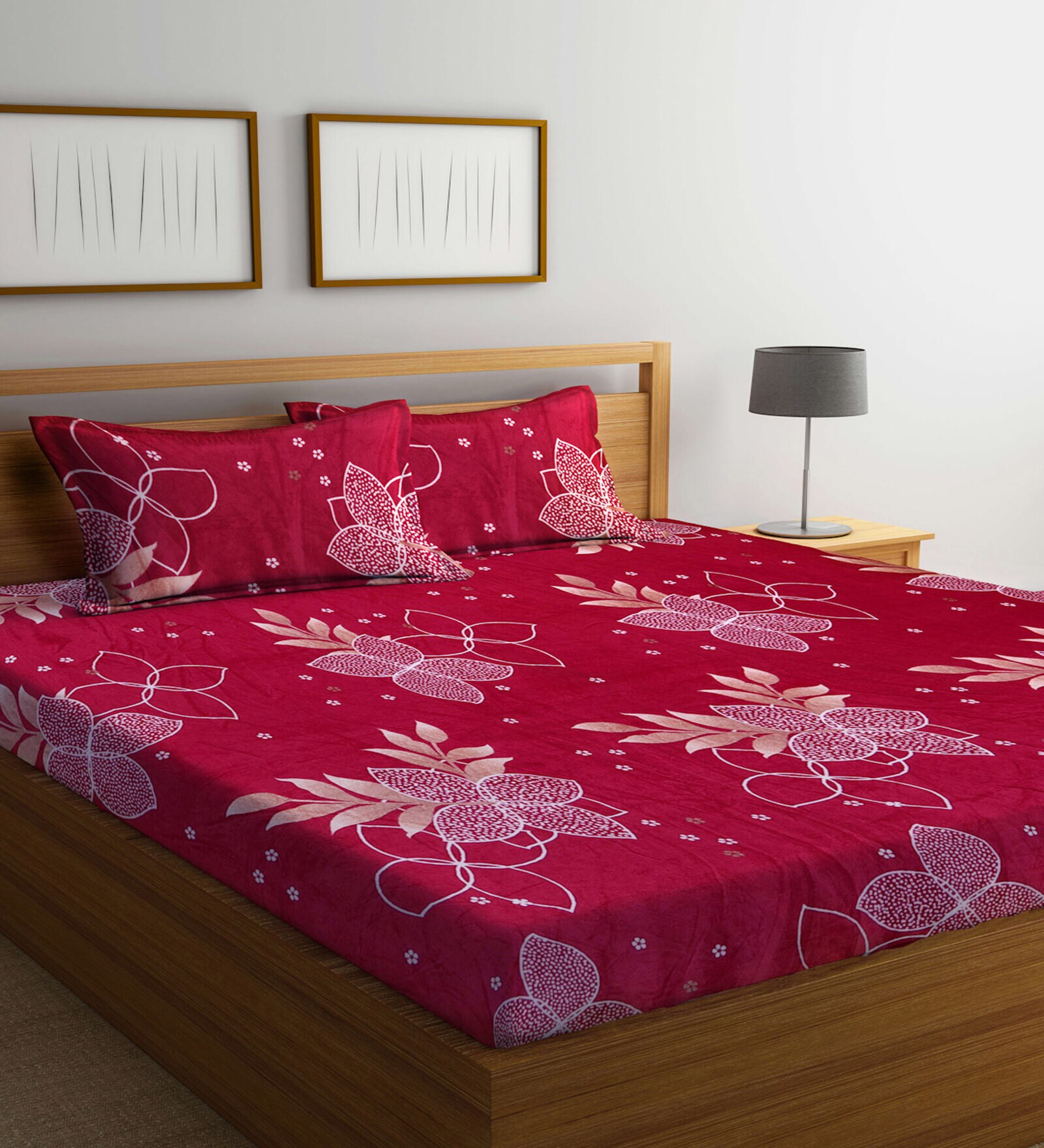 Buy Pink Floral 200 TC Flannel King Sized Bed Sheets with 2 Pillow