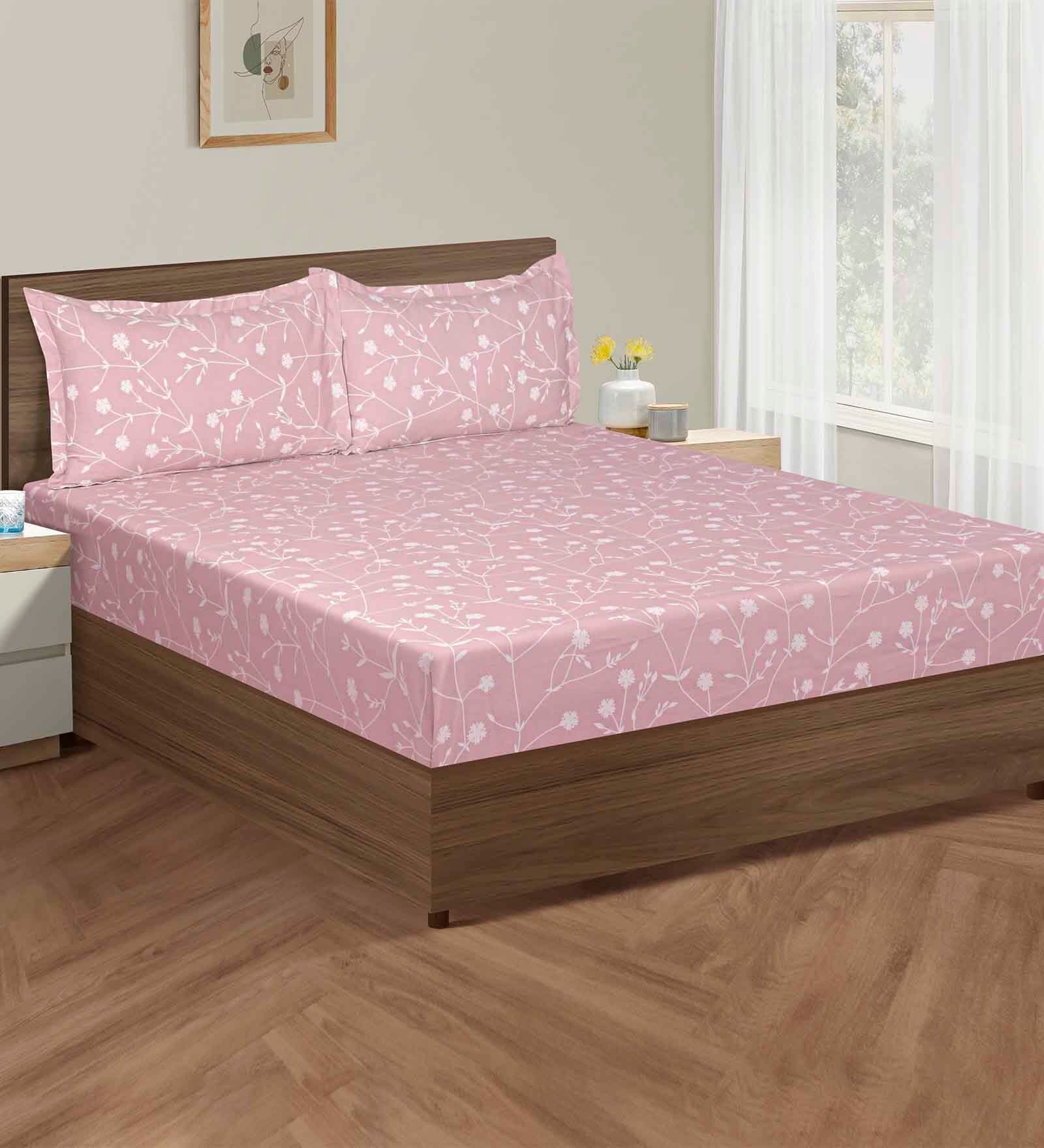 Pink Floral 200 TC Cotton King Sized Bedsheet with 2 pillow cover