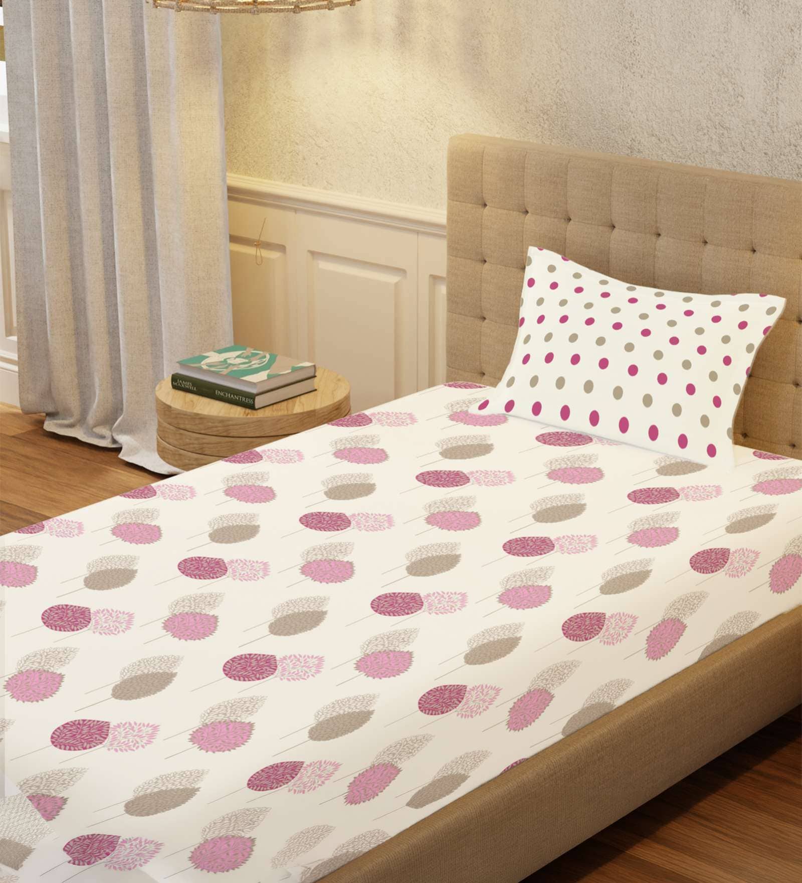 Pink Floral 200 TC Cotton Single Bedsheet with 1 Pillow Cover
