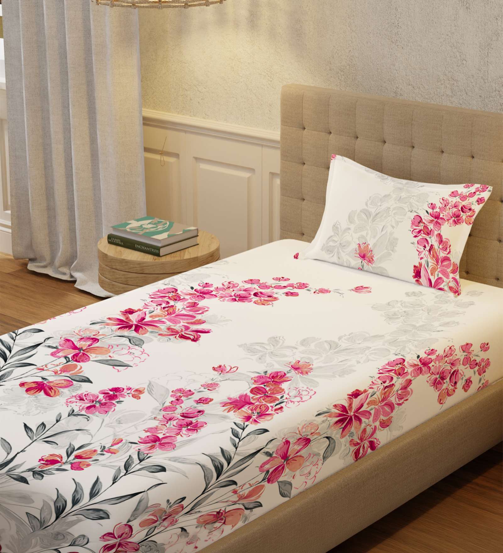 Pink Floral 200 TC Cotton Single Bedsheet with 1 Pillow Cover