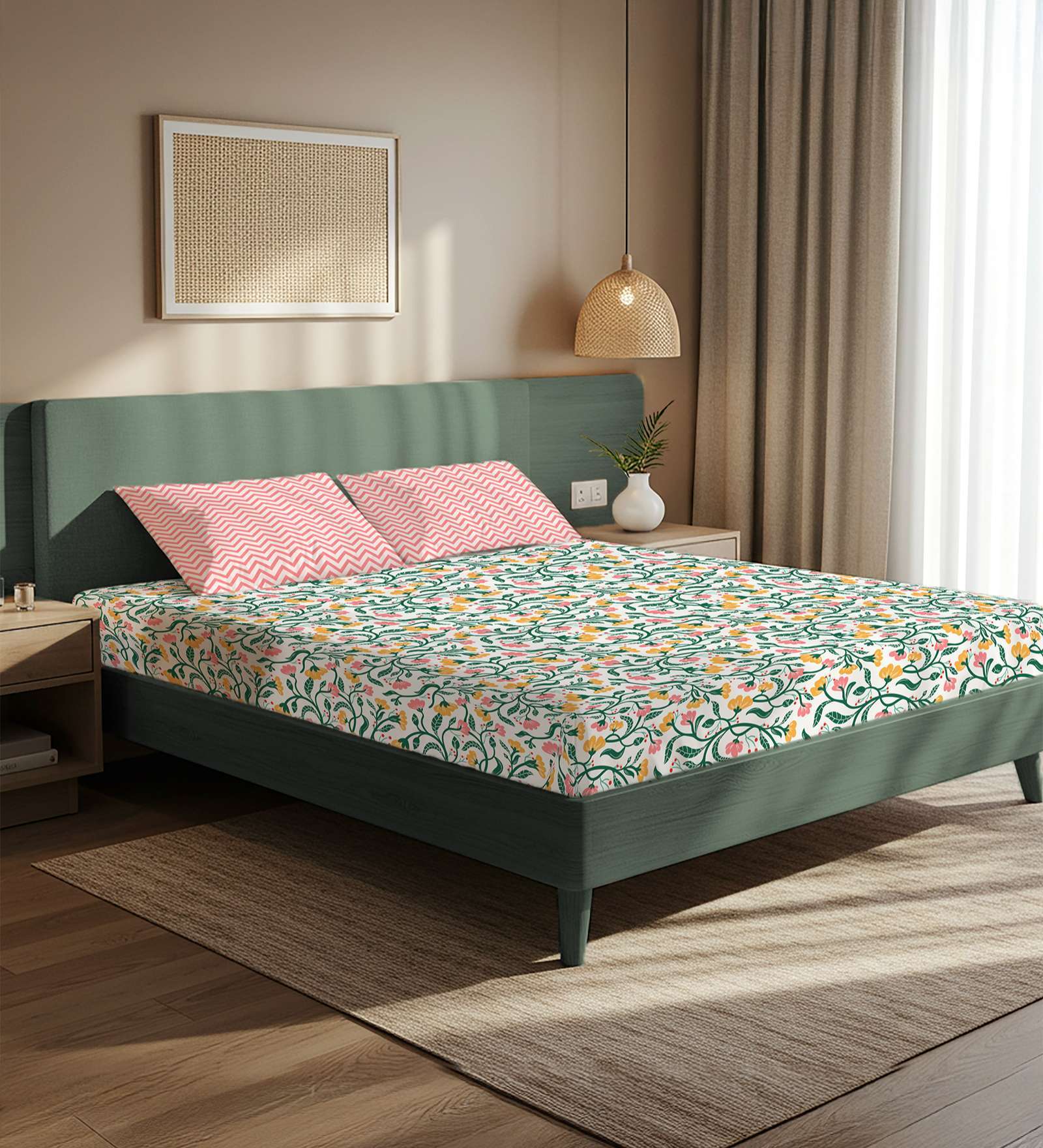 Pink Floral 200 TC Microfiber Double Bedsheet with 2 Pillow Covers