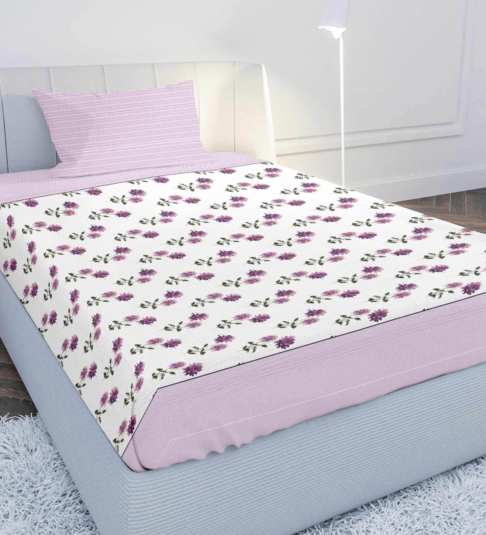 Pink Floral 210 TC Cotton Satin Single Bedsheet With 1 Pillow Cover Blooming Tales Collection