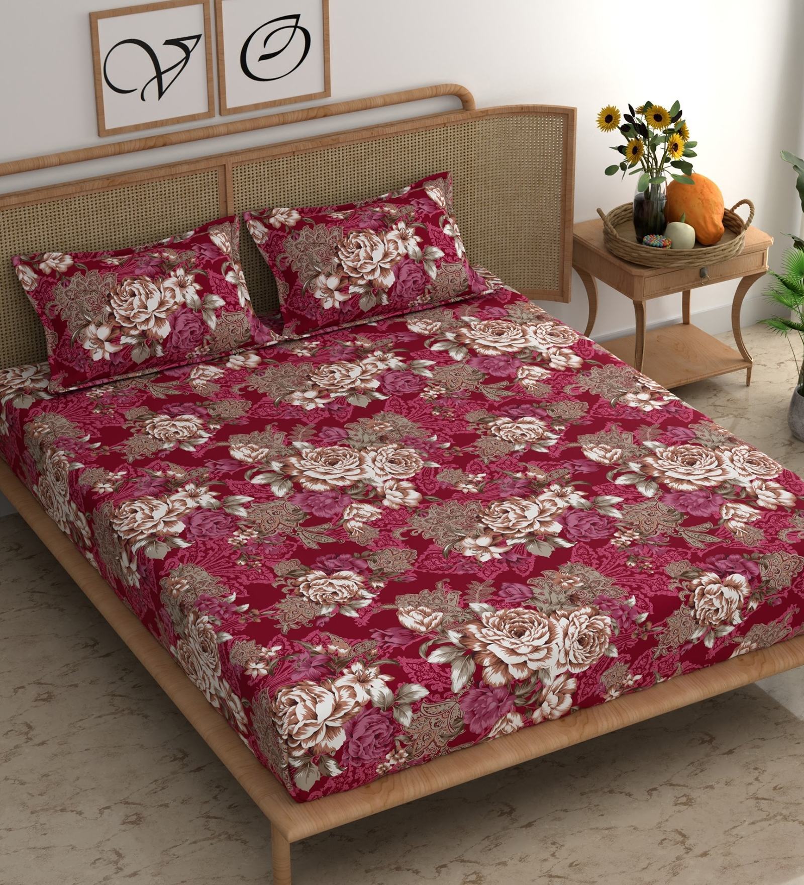 Pink Floral 210 TC Microfiber Double King Size Bedsheet With 2 Pillow Covers