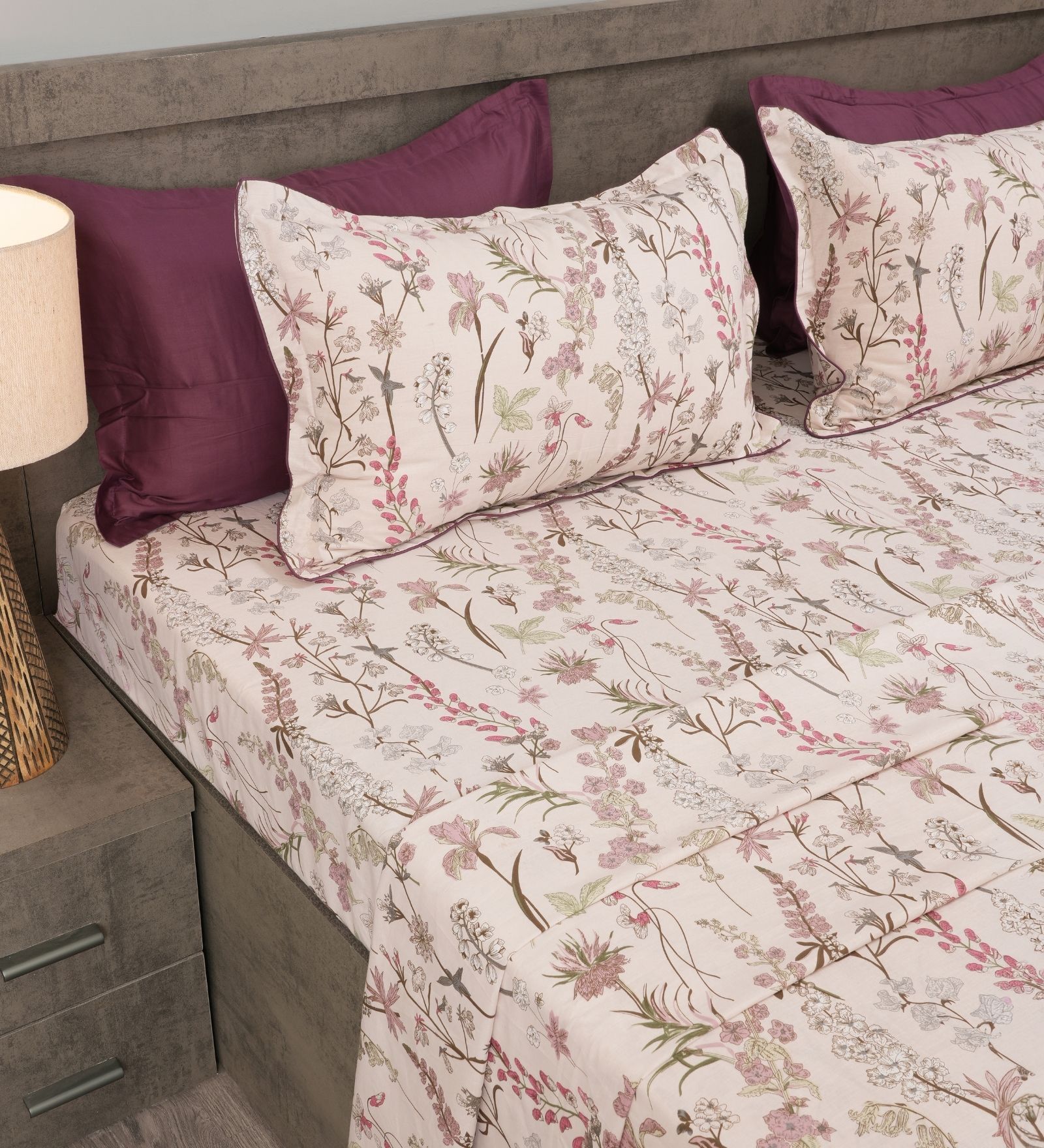 Pink Floral 210TC 100% Cotton Printed Flat Super King Bedsheet With 2 Pillow Covers