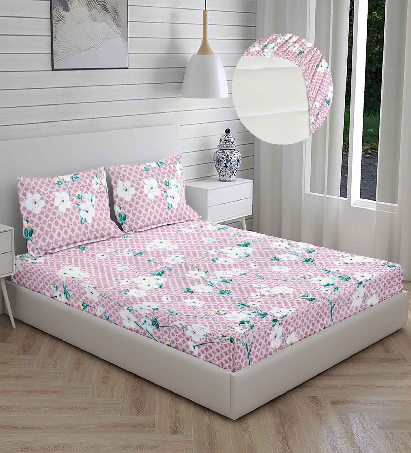 Buy Pink Floral 220 TC Cotton Blend Fitted Queen Bedsheet with 2 Pillow