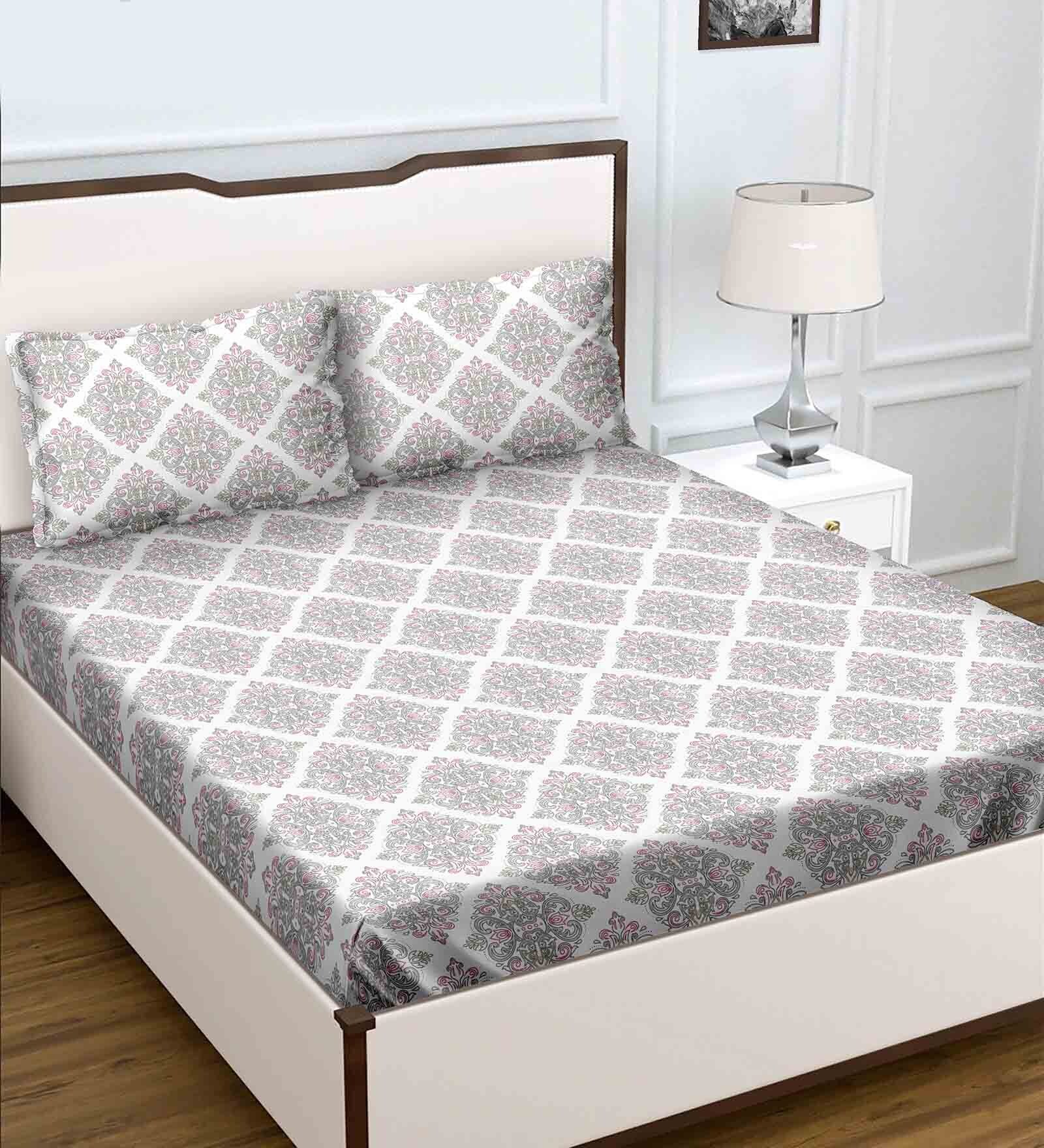 Pink Traditional 220 TC Cotton Queen Sized Bed Sheets with 2 Pillow Covers
