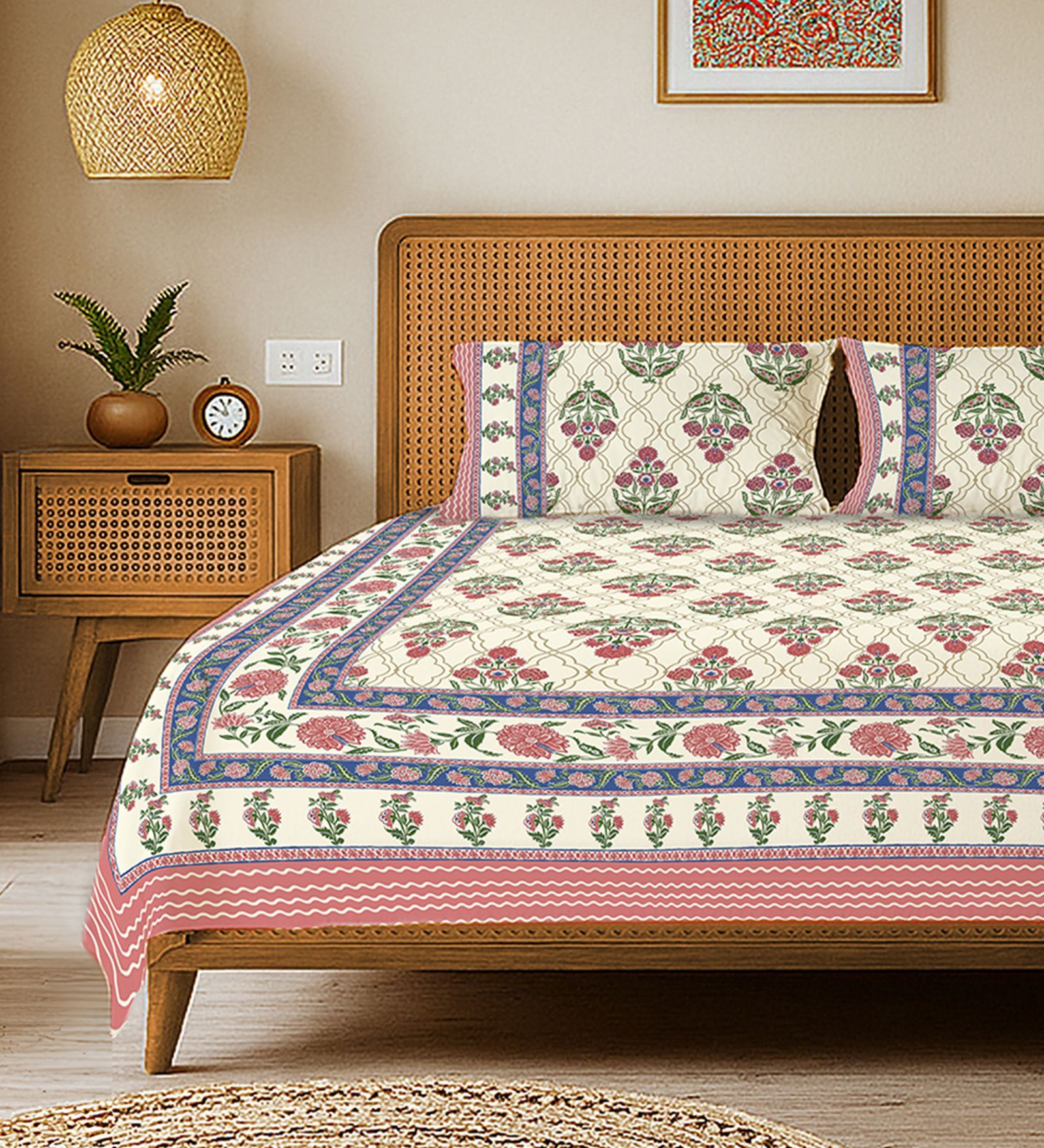 Pink Floral 240 TC Cotton King Sized Bedsheet with 2 Pillow Covers