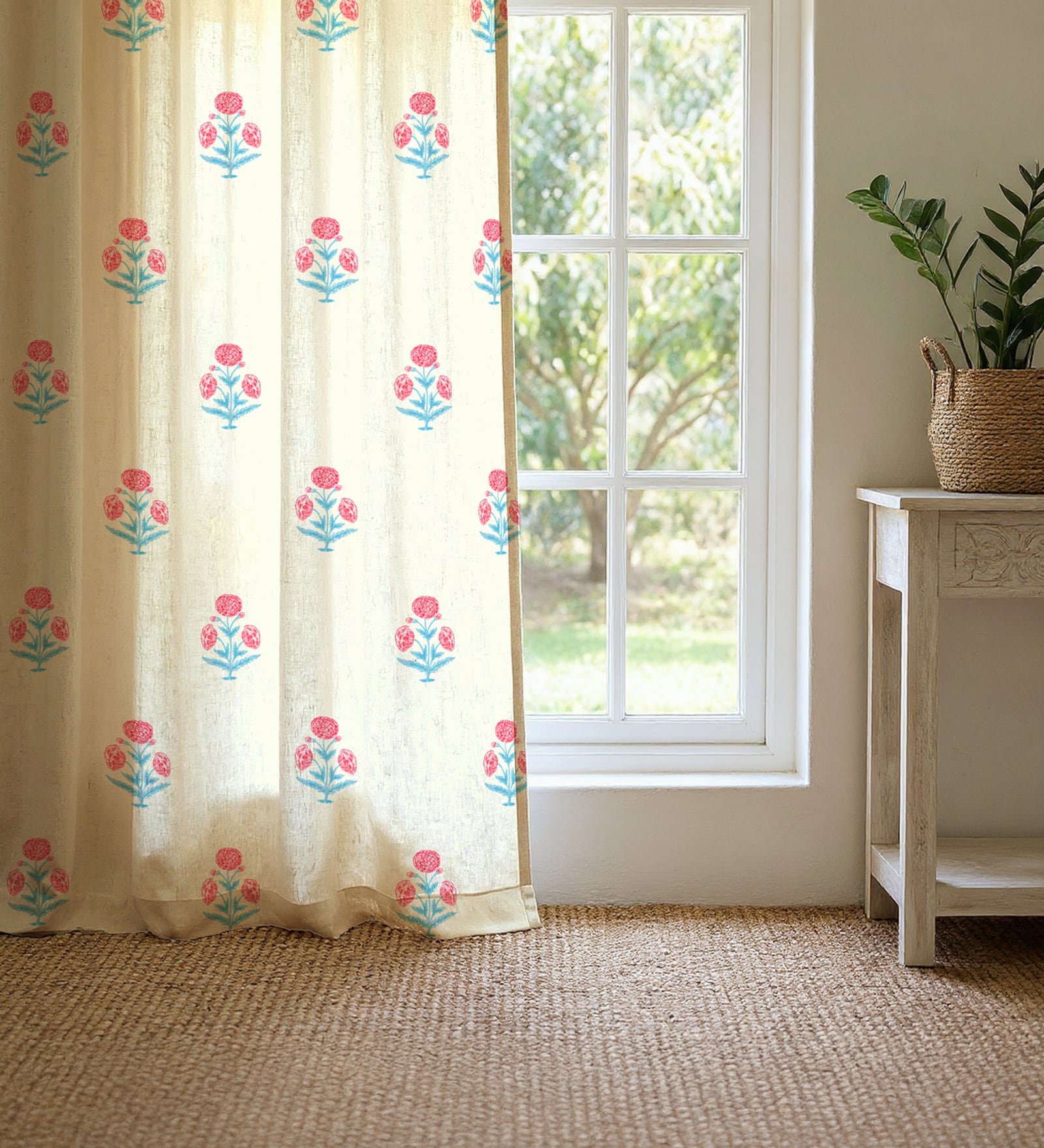 Pink Cotton Floral 5 Ft Eyelet Window Curtains (Set Of 2)