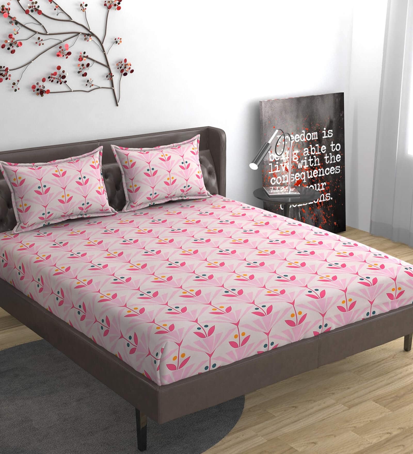 Pink Floral 280 TC Microfibre Fitted King Bedsheet 2 Pillow Covers