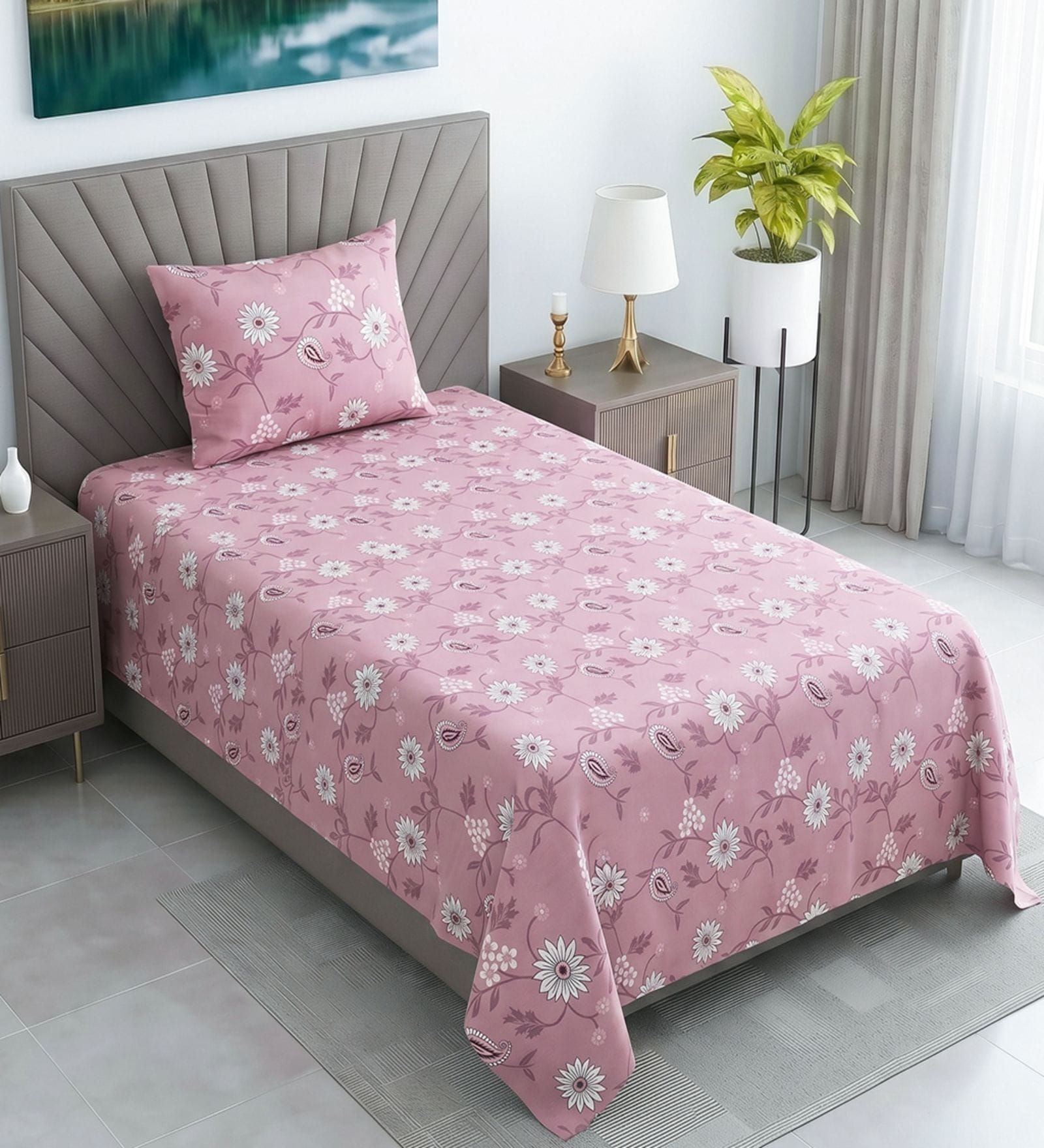 Pink Floral 290 TC Cotton Single Bed Size Flat Sheet With 1 Pillow Cover Threads Flora Collection