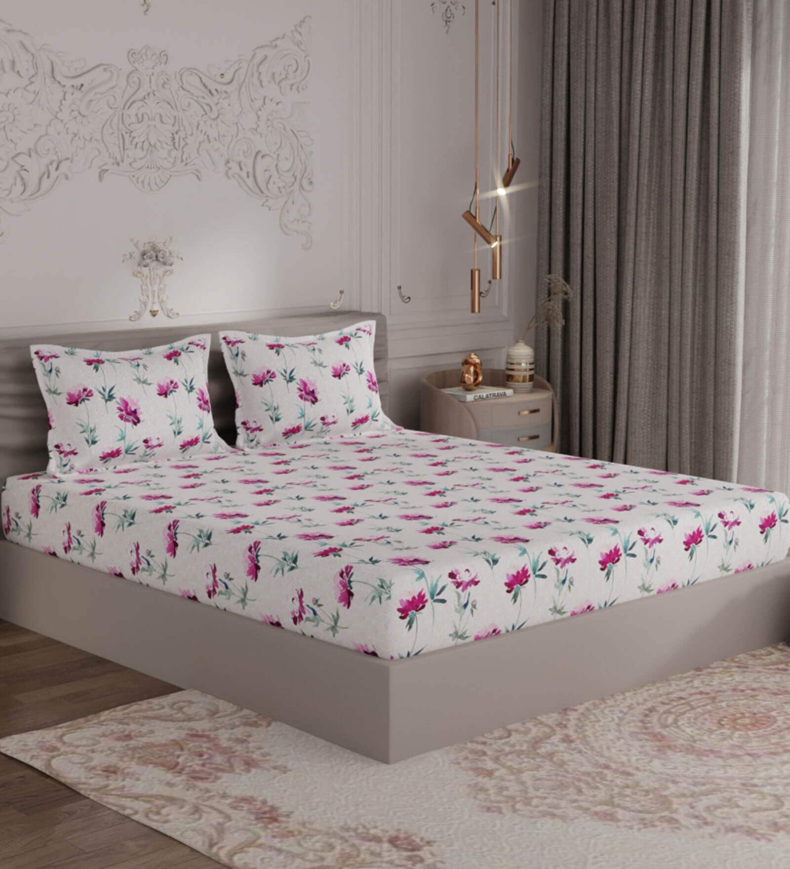 Pink Floral 300 TC 100% Cotton Double Bedsheet With 2 Pillow Covers Amorous Collection