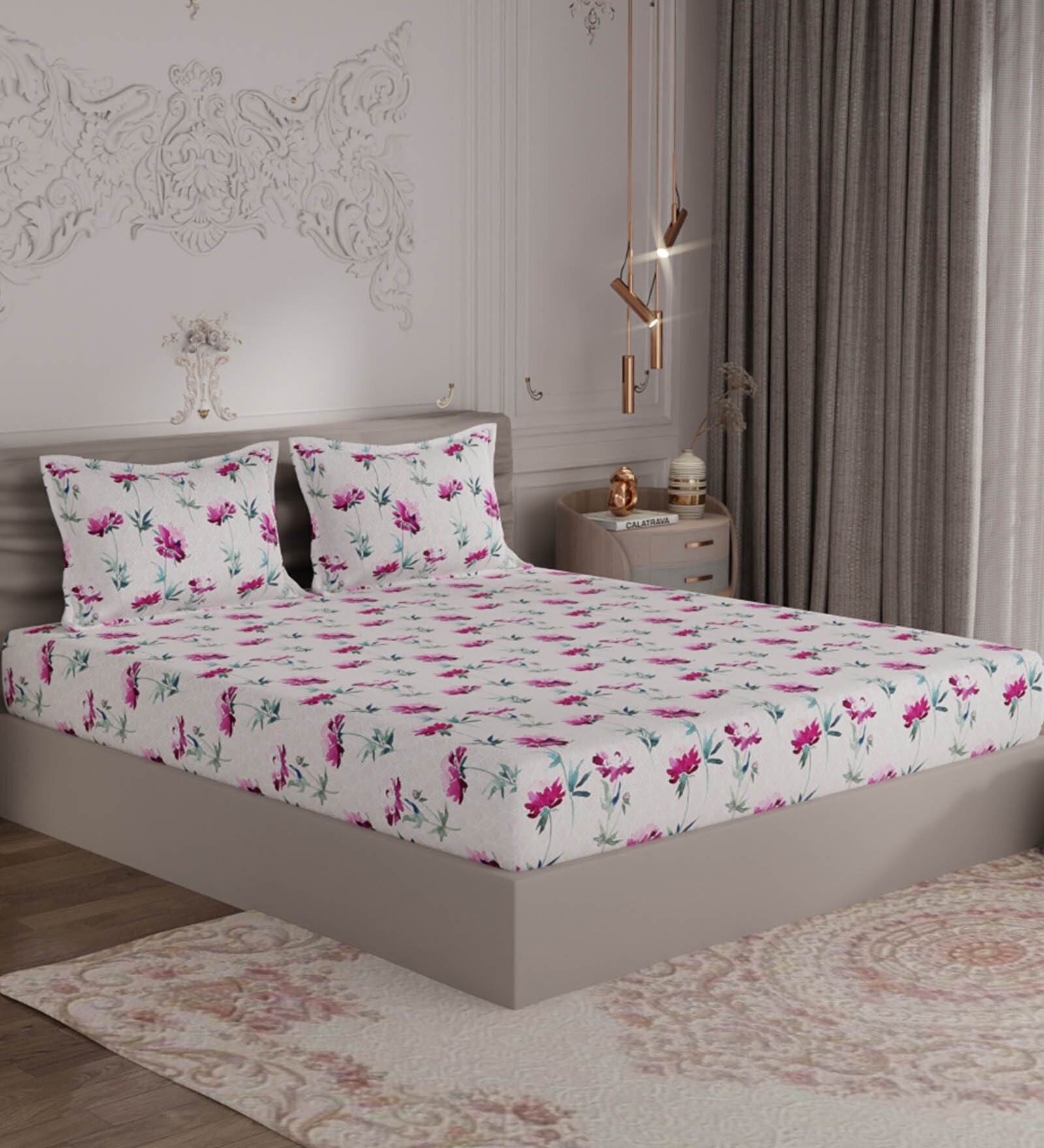 Pink Floral 300 TC 100% Cotton King Sized Bedsheet With 2  Pillow Covers Amorous Collection