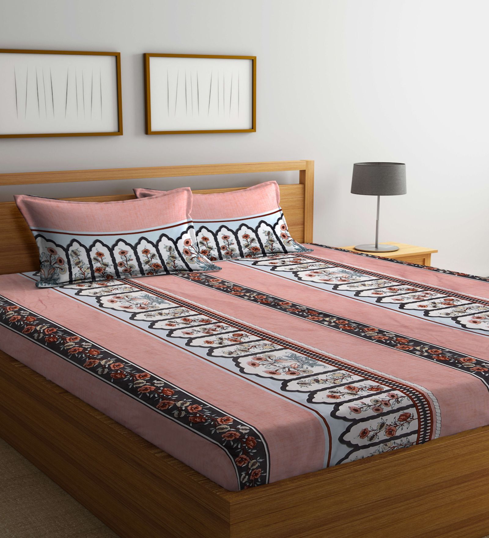 Pink Floral 300 TC Cotton Blend Double King Size Bedsheet with 2 Pillow Covers