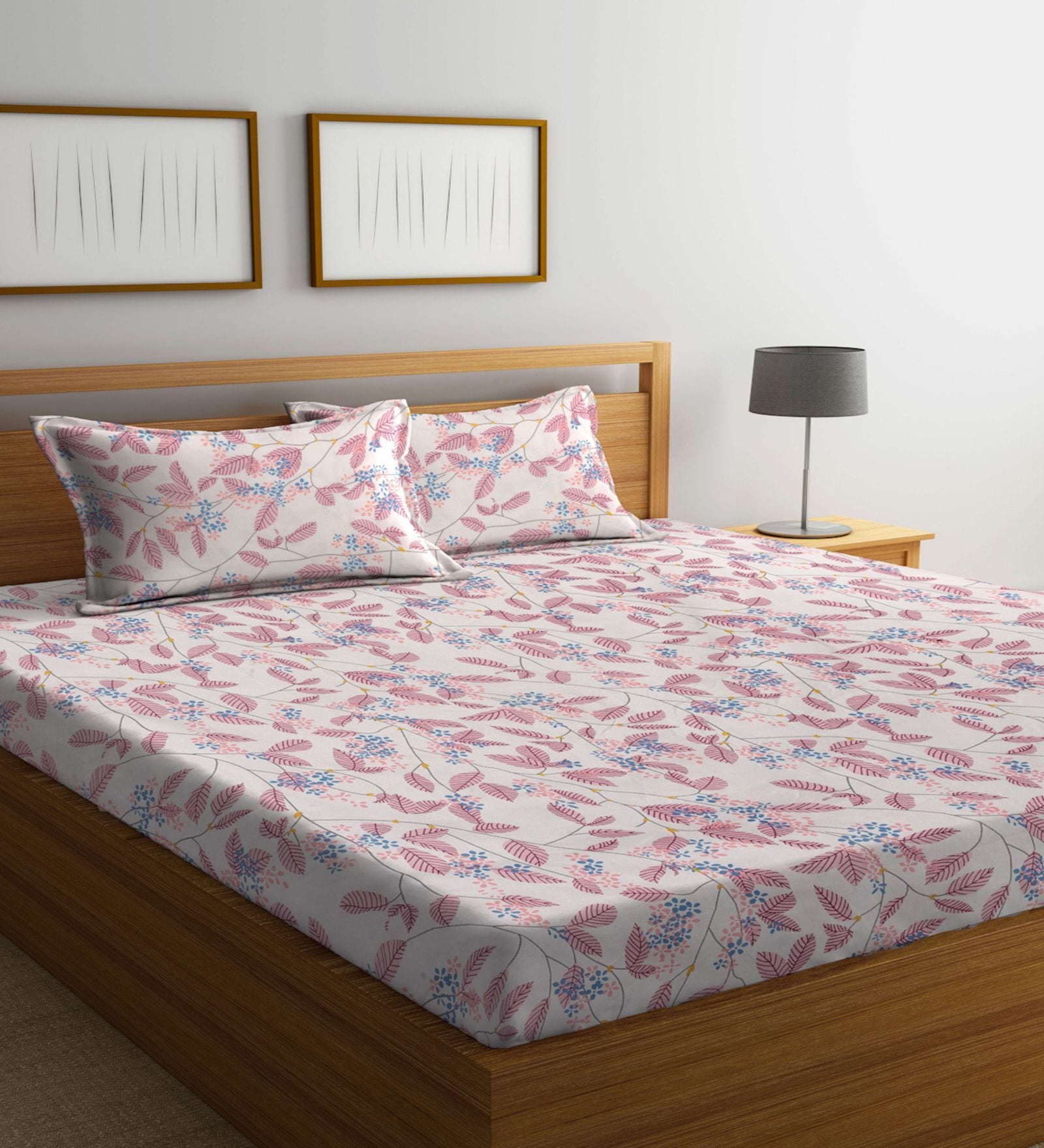 Pink Floral 300 TC Cotton Blend Double Queen Size Bedsheet With 2 Pillow Covers