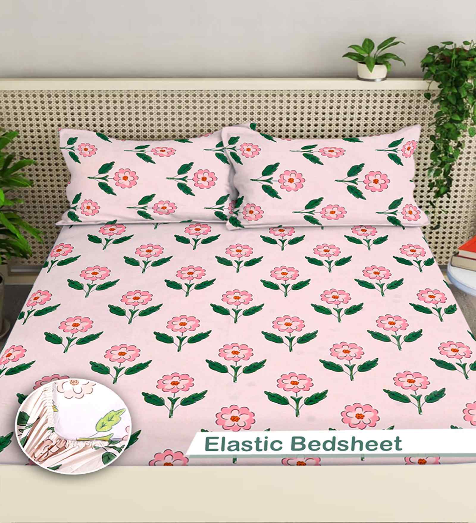 Pink Floral 300 TC Cotton Blend King Size Fitted Double Bedsheet with 2 Pillow Covers
