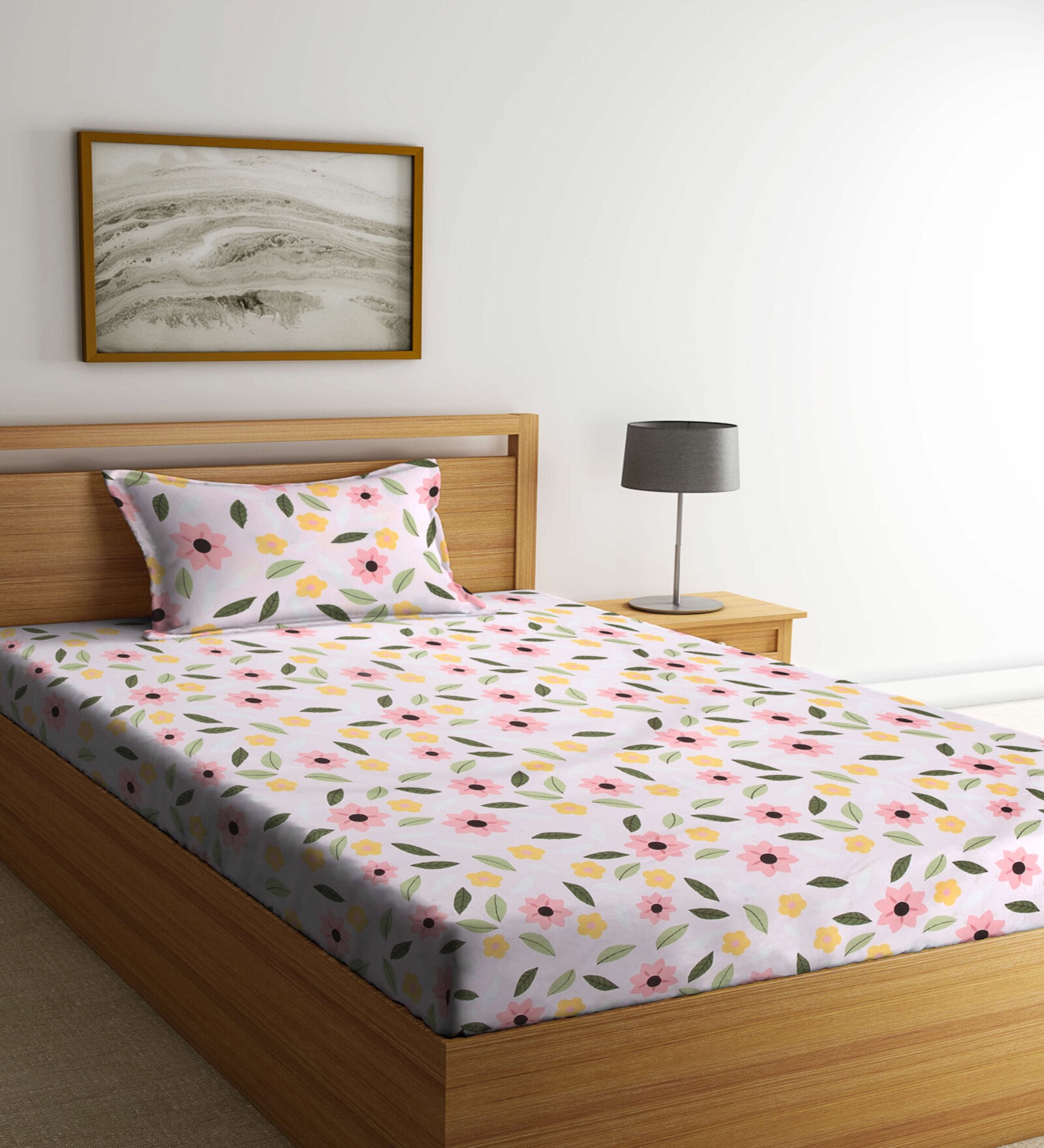 Pink Floral 300 TC Cotton Blend Single Bedsheet with 1 Pillow Cover