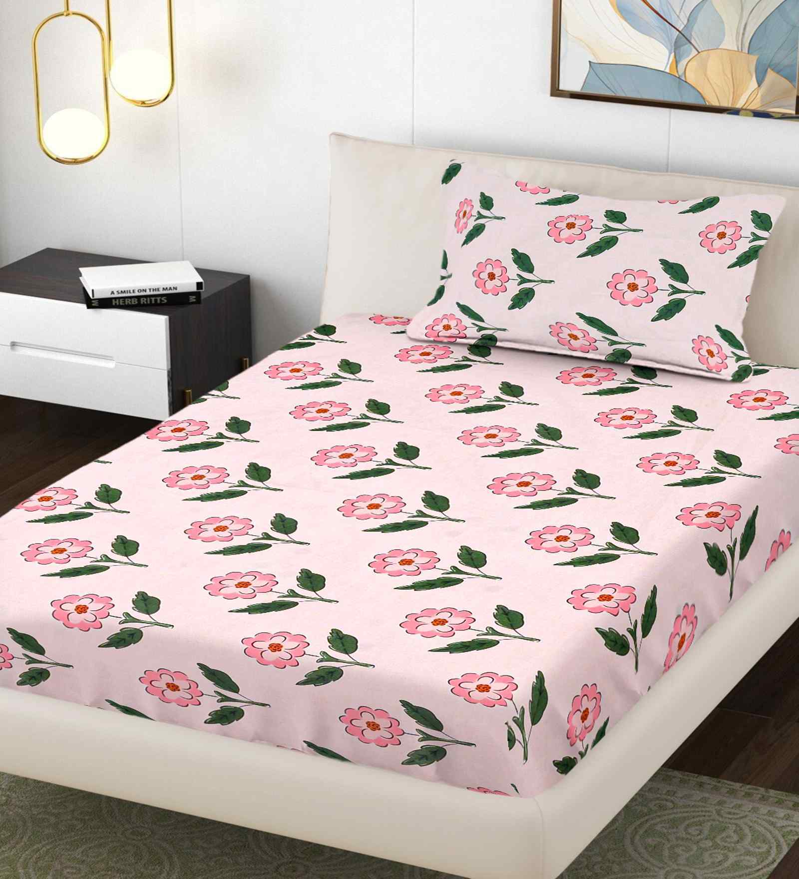Pink Floral 300 TC Cotton Blend Single Bedsheet with 1 Pillow Cover