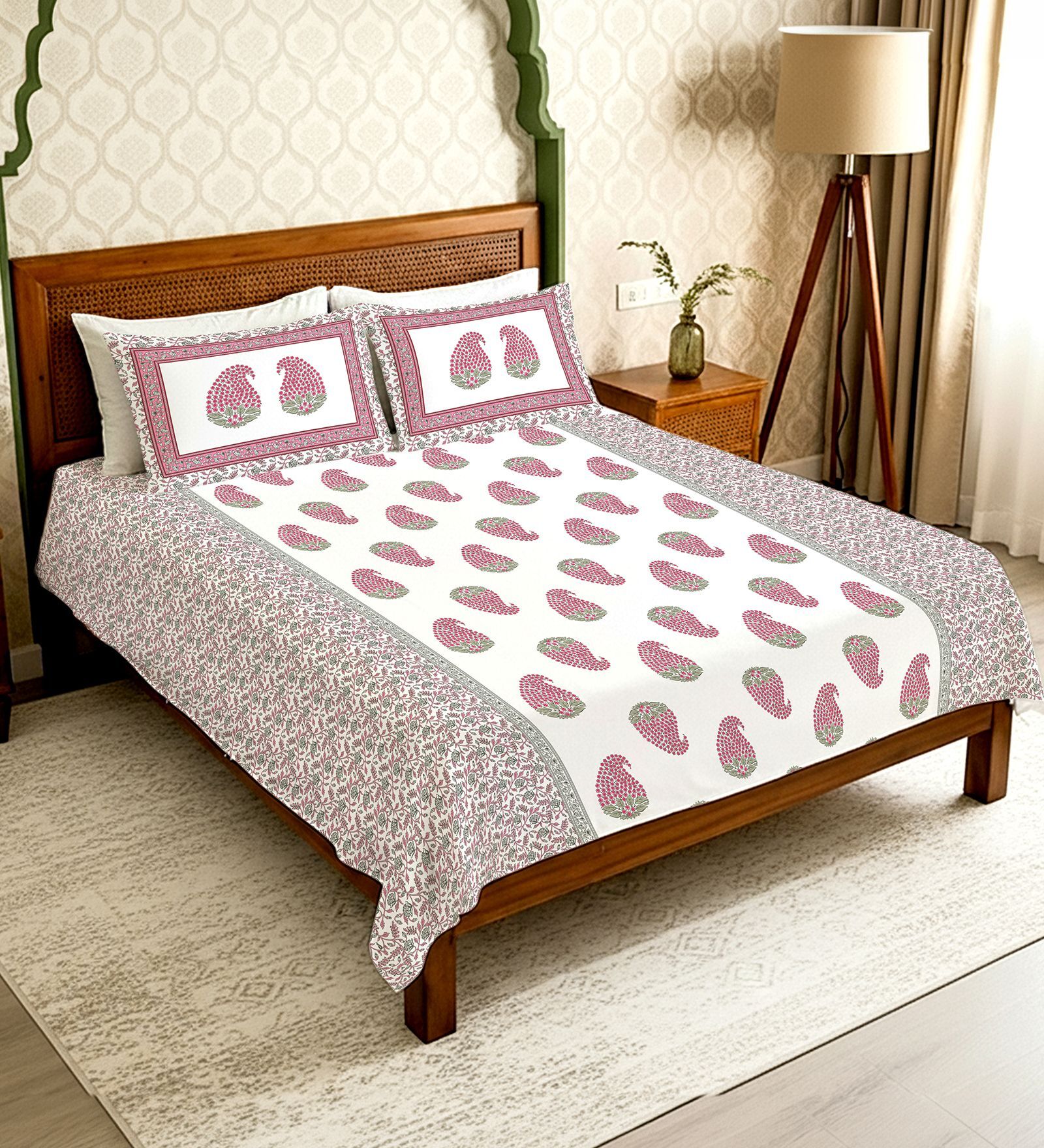 Pink Floral 300 TC Cotton Double Bedsheet with 2 Pillow Covers