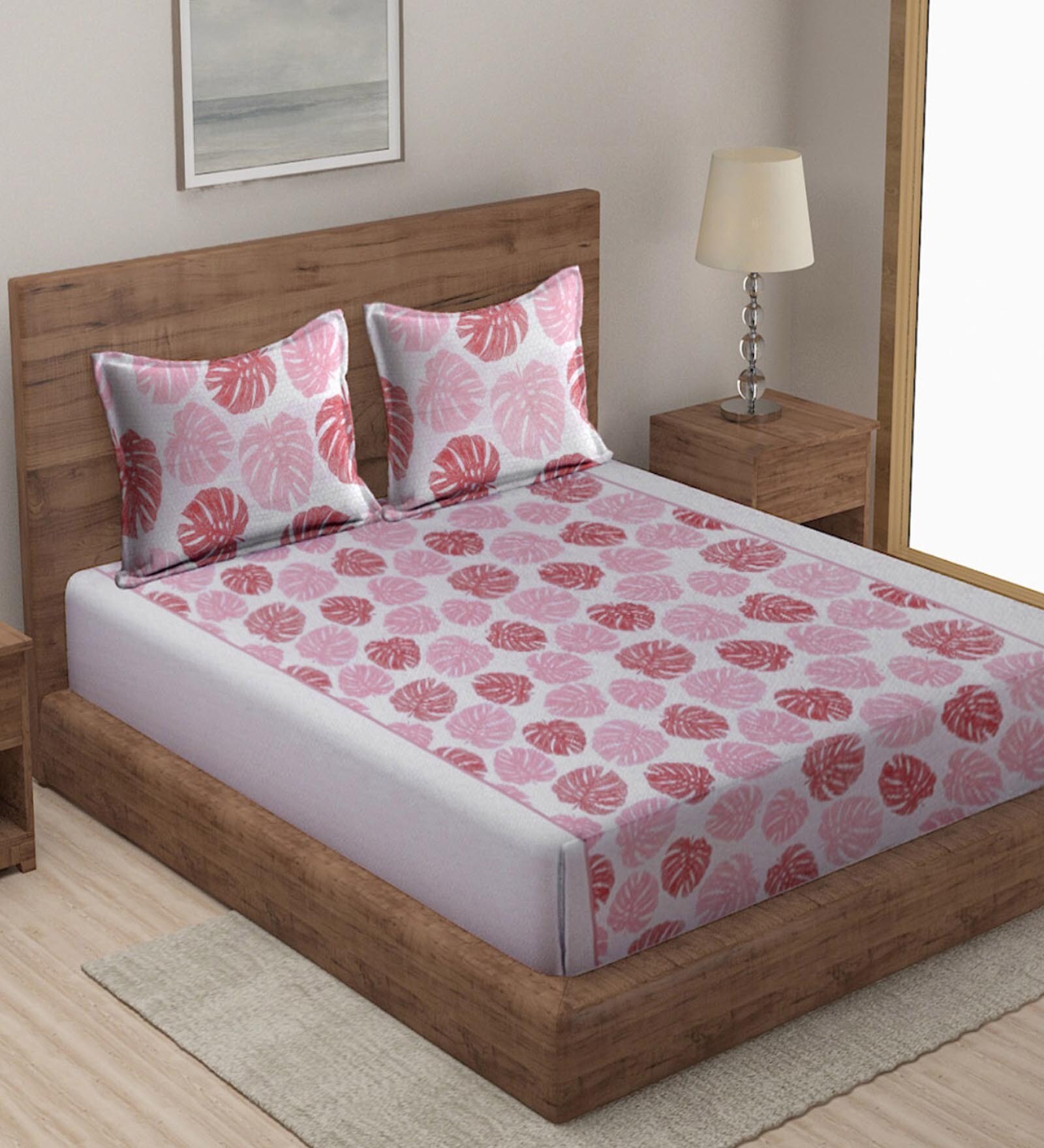 Pink Floral 300 TC Cotton King Sized Bed Sheets with 2 Pillow Covers