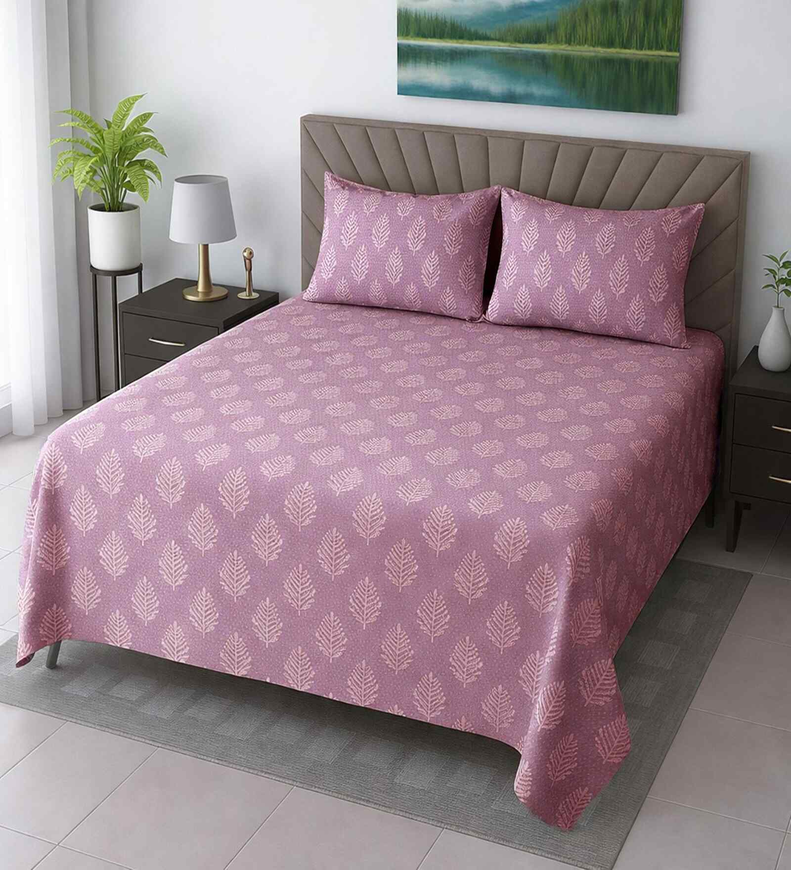 Pink Floral 400 Tc Cotton Queen Size Bedsheet With 2 Pillow Covers