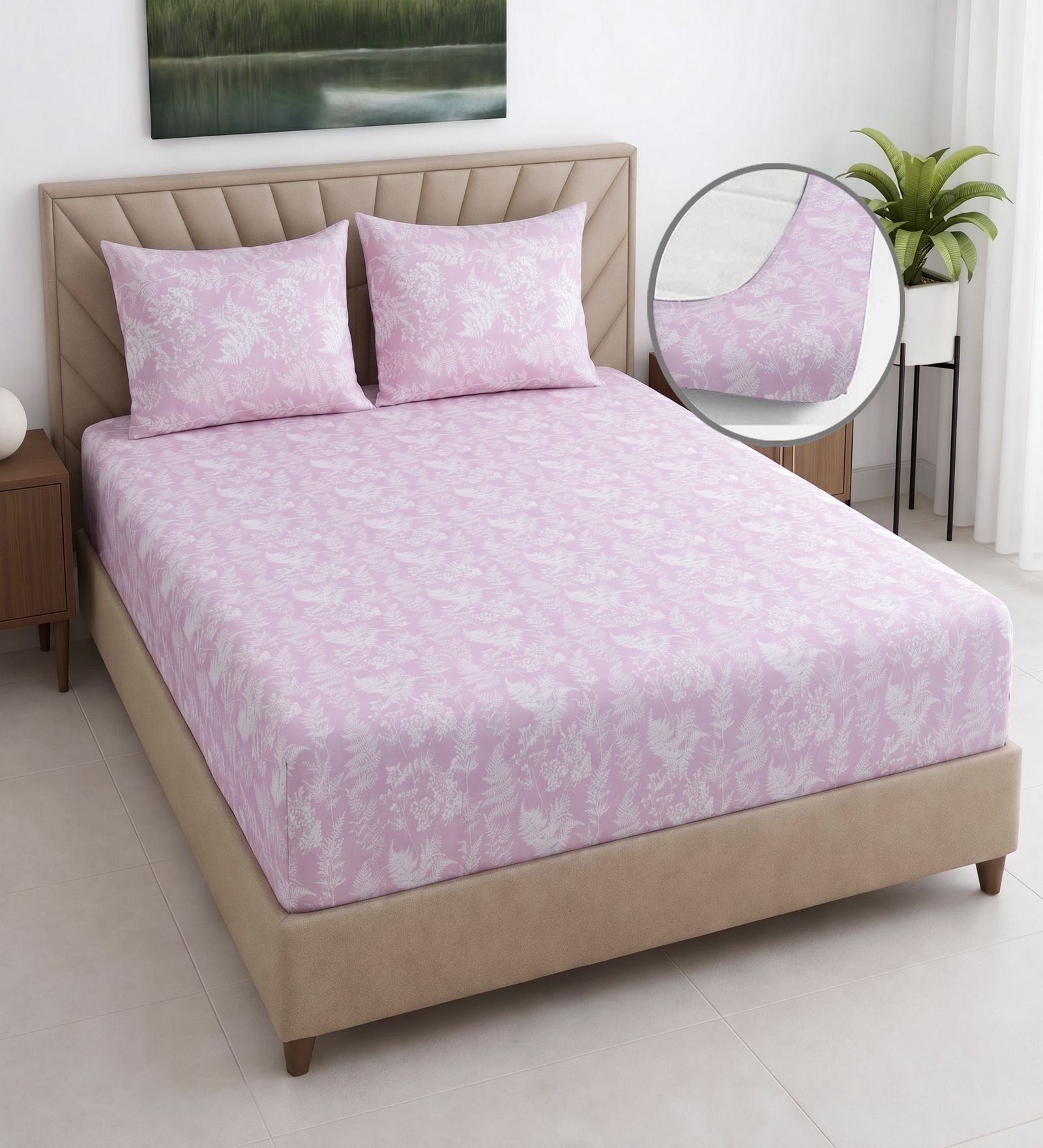 Pink Floral 400 TC Cotton Queen Size Fitted Bedsheet With 2 Pillow Covers