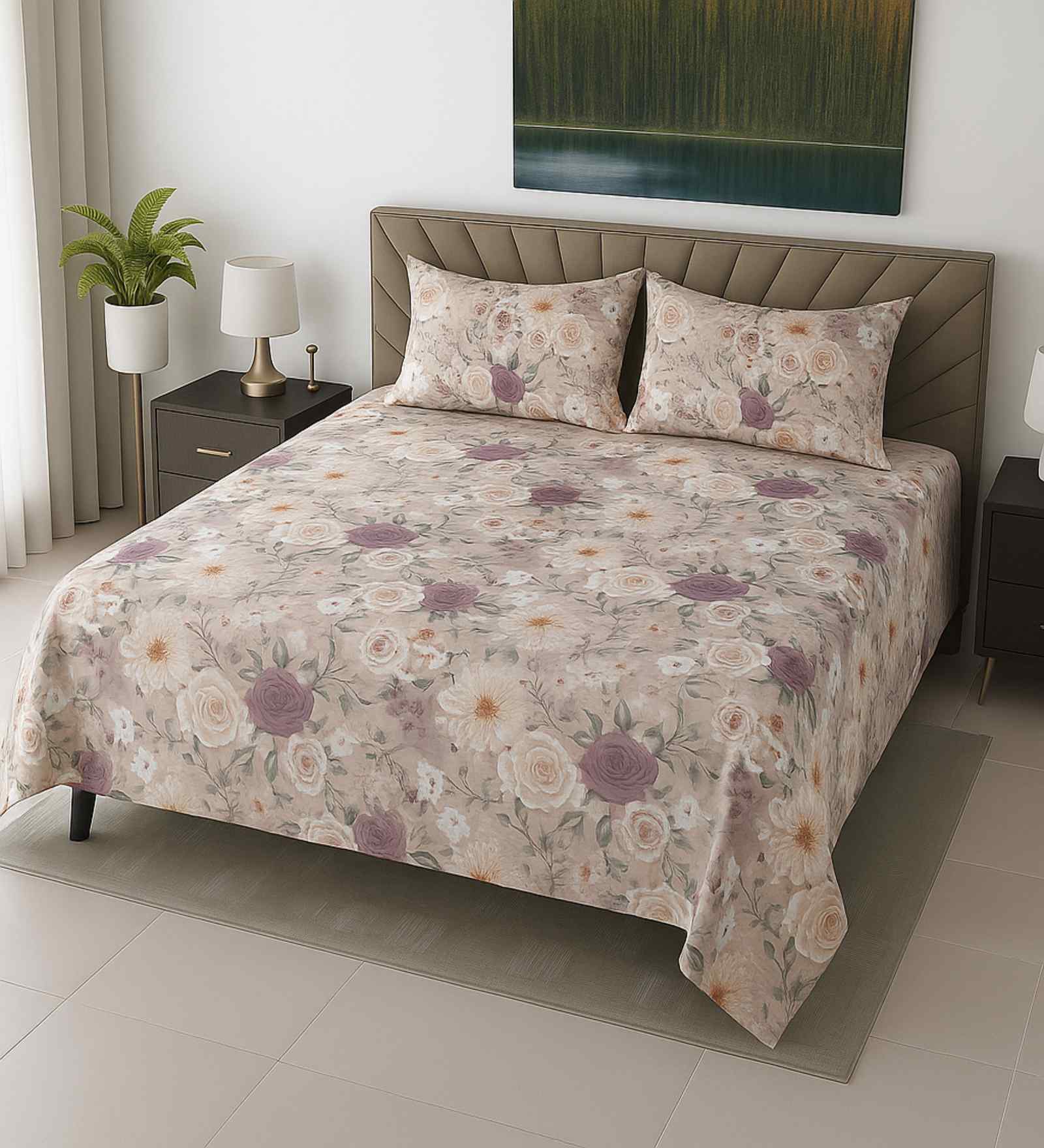 Pink Floral 400 TC Cotton SuperKing Sized Double Bedsheet with 2 Pillow Covers Luxury Series Collection