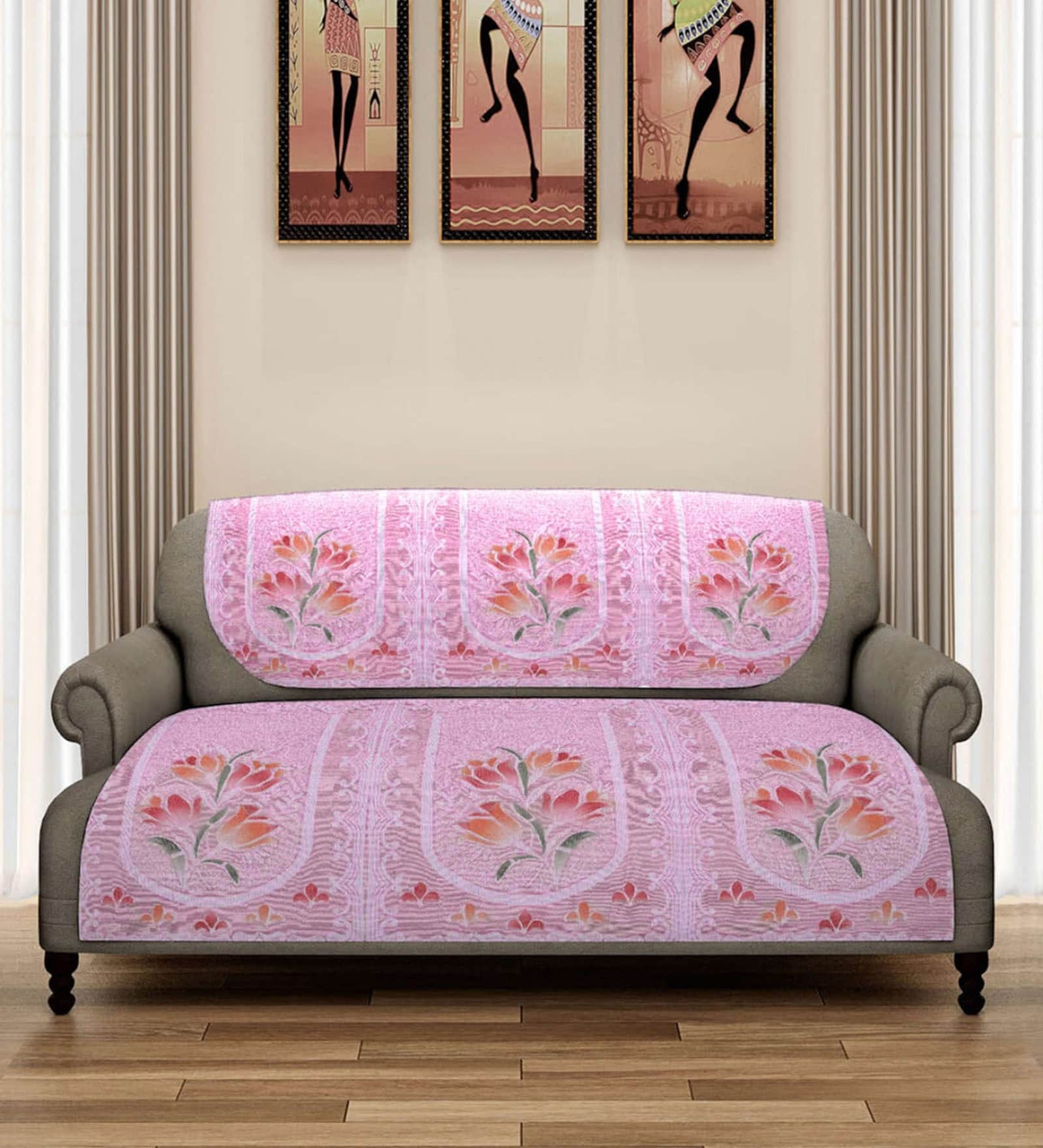 Pink Floral Polyester Net 5 Seater Sofa Cover