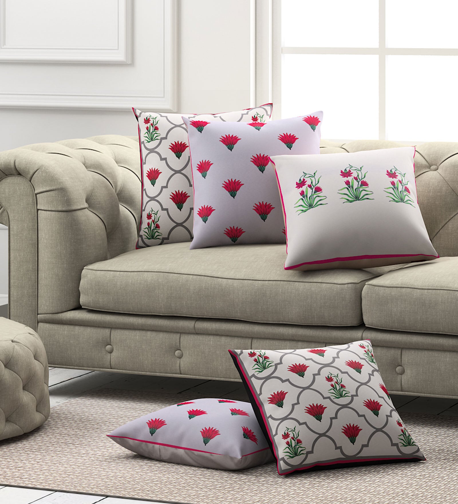 Pink Florals Poly Cotton 16 x 16 Inches Cushion Covers (Set of 5)
