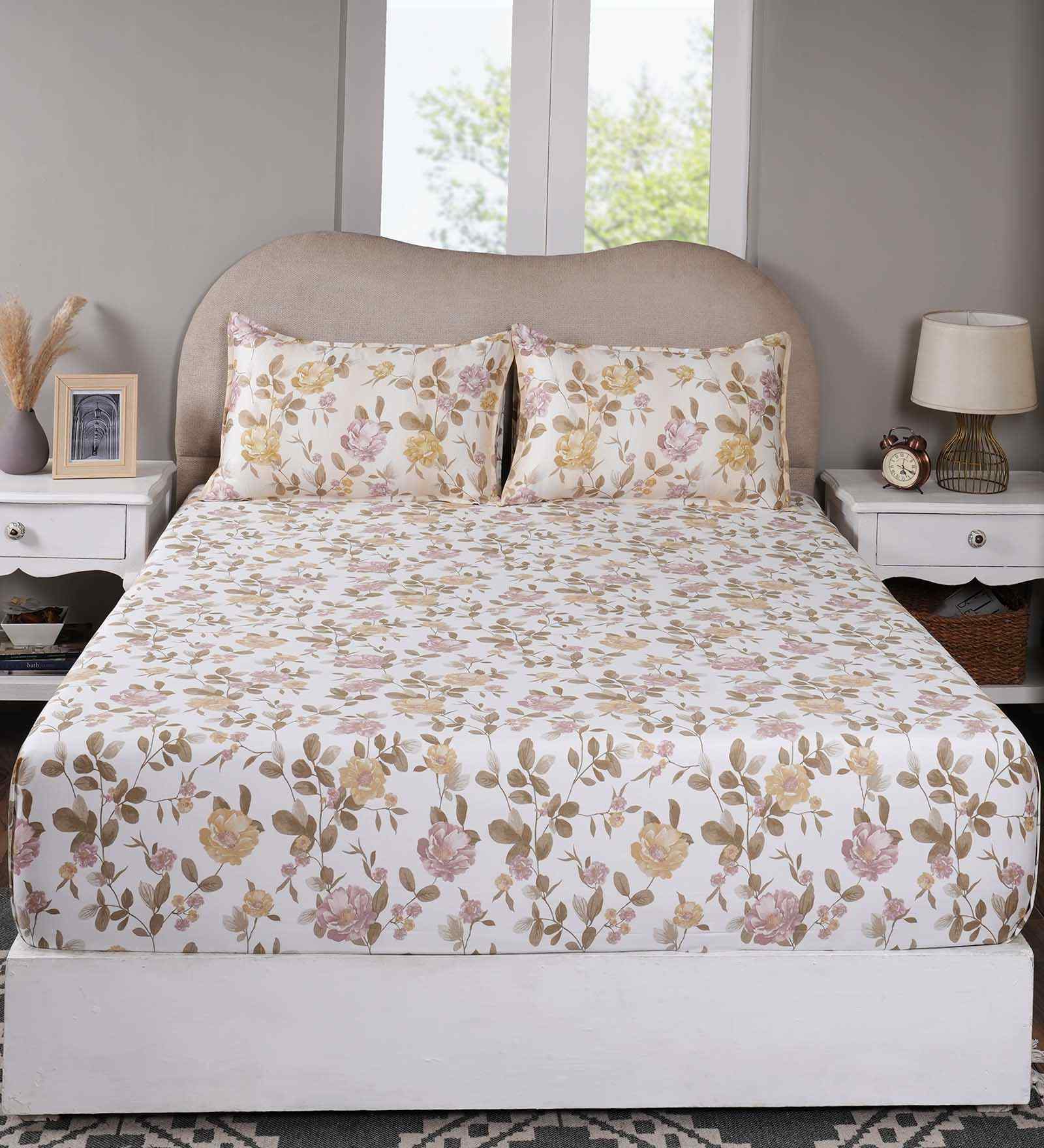 Pink Floral Print 300 TC Cotton Double Bed Fitted Sheet with 2 Pillow Case Sensory Bloom Collection