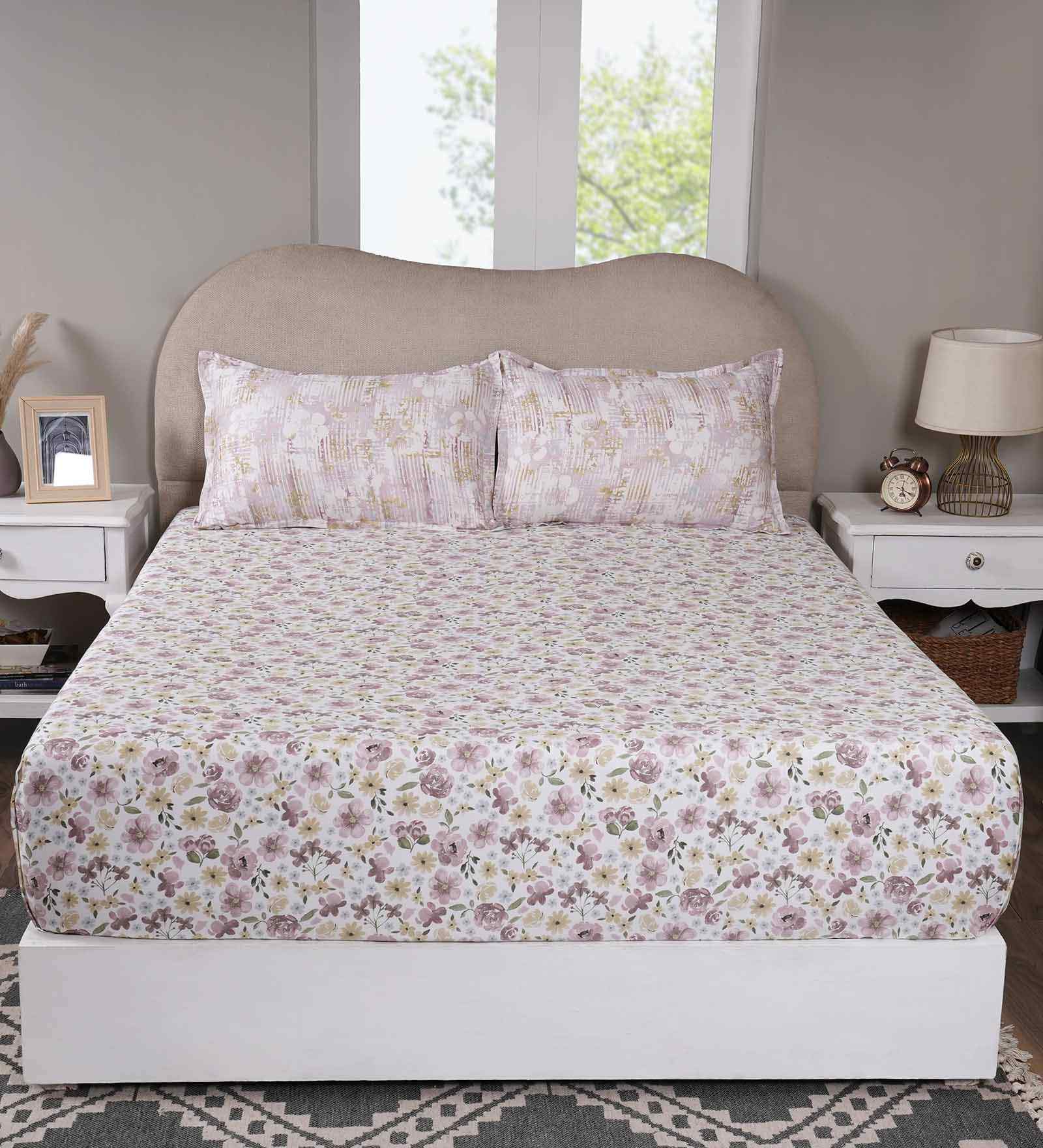 Pink Floral Print 300 TC Cotton Double Bed Fitted Sheet with 2 Pillow Case Sensory Bloom Collection