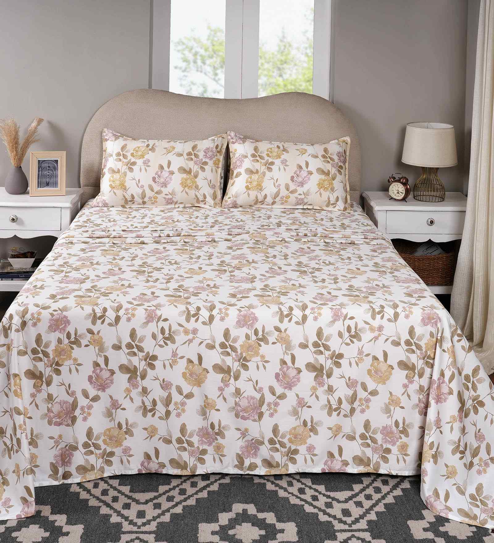 Pink Floral Print 300 TC Cotton King Size Bed Sheet with 2 Pillow Covers Sensory Bloom Collection