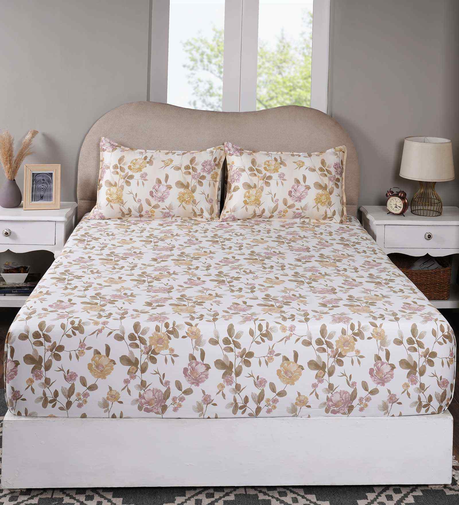 Pink Floral Print 300 TC Cotton Single Bed Fitted Sheet with 1 Pillow Cover Sensory Bloom Collection