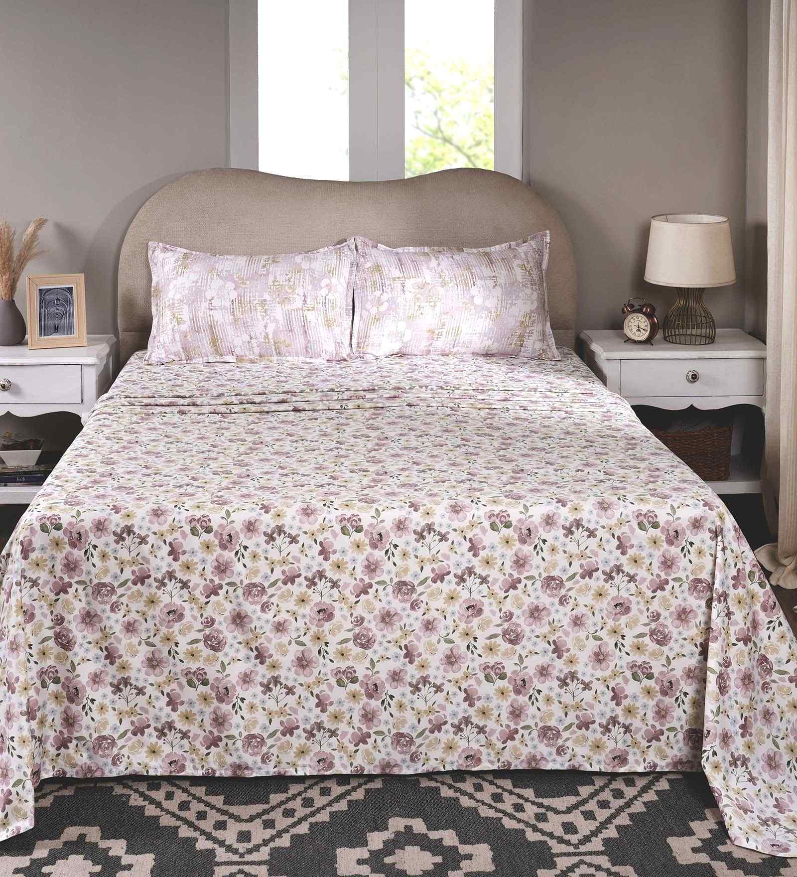 Pink Floral Print 300 TC Cotton Single Bed Sheet with 1 Pillow Cover Sensory Bloom Collection