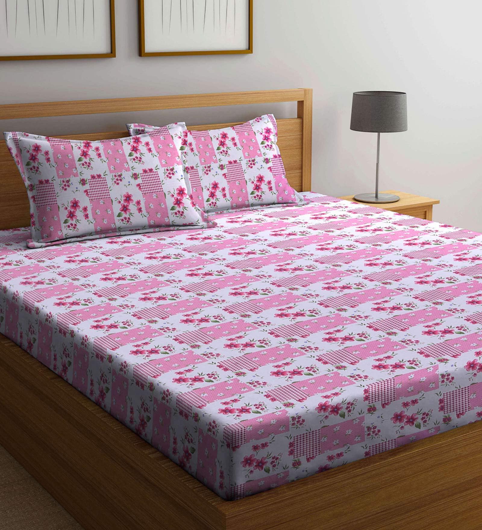 Pink Floral 300 TC Cotton Queen Sized Fitted Bed Sheets with 2 Pillow Covers