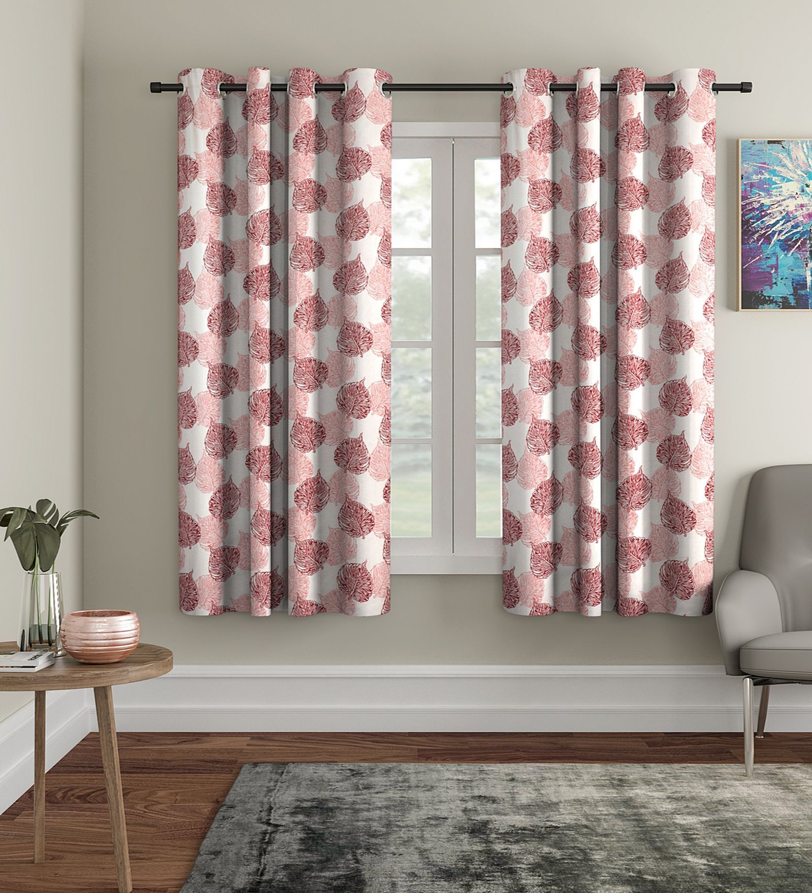 Pink Floral Polyester 5Ft Semisheer Eyelet Window Curtains (Set Of 2)