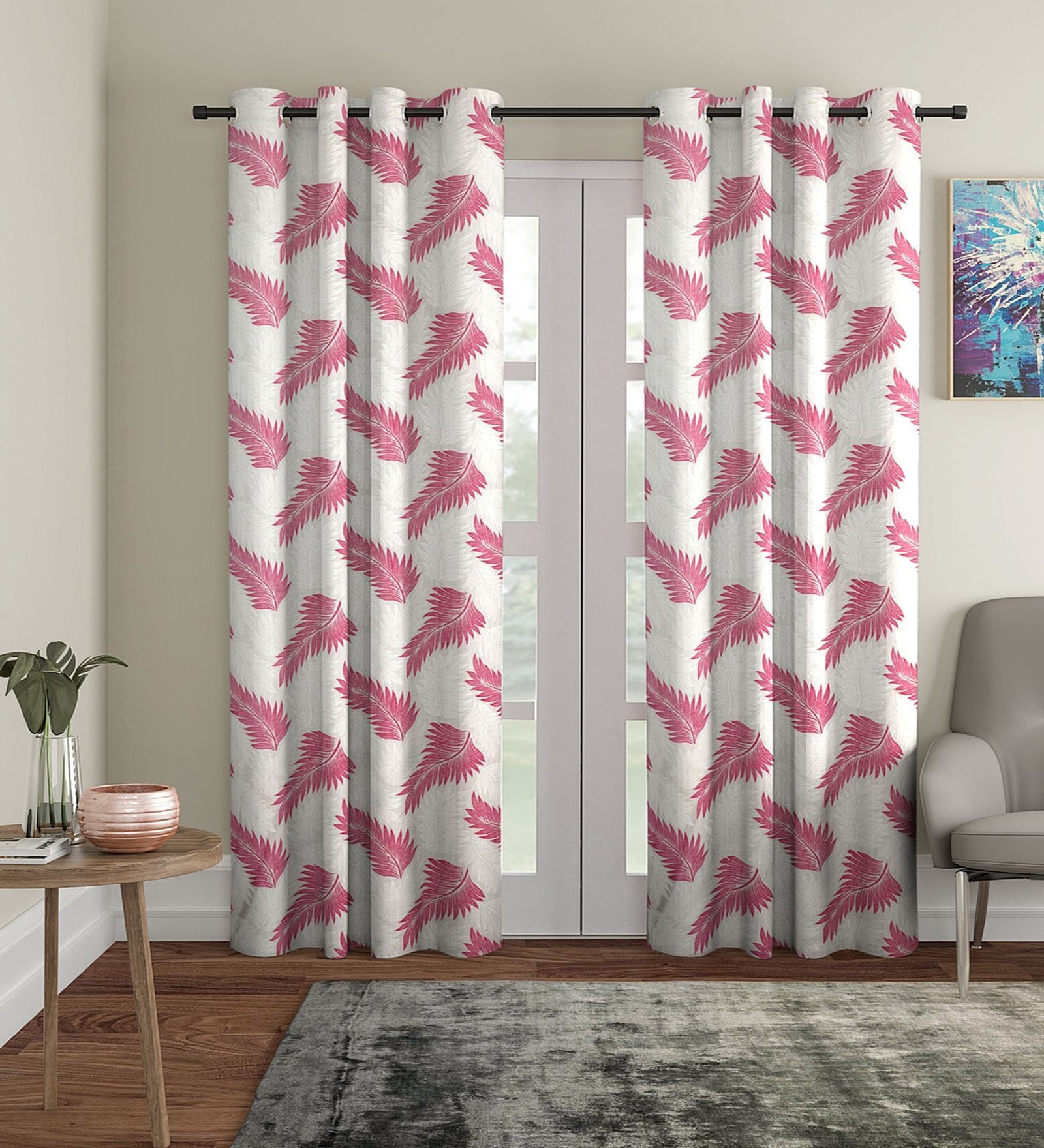 Pink Floral Polyester 7Ft Semisheer Eyelet Door Curtains (Set Of 2)